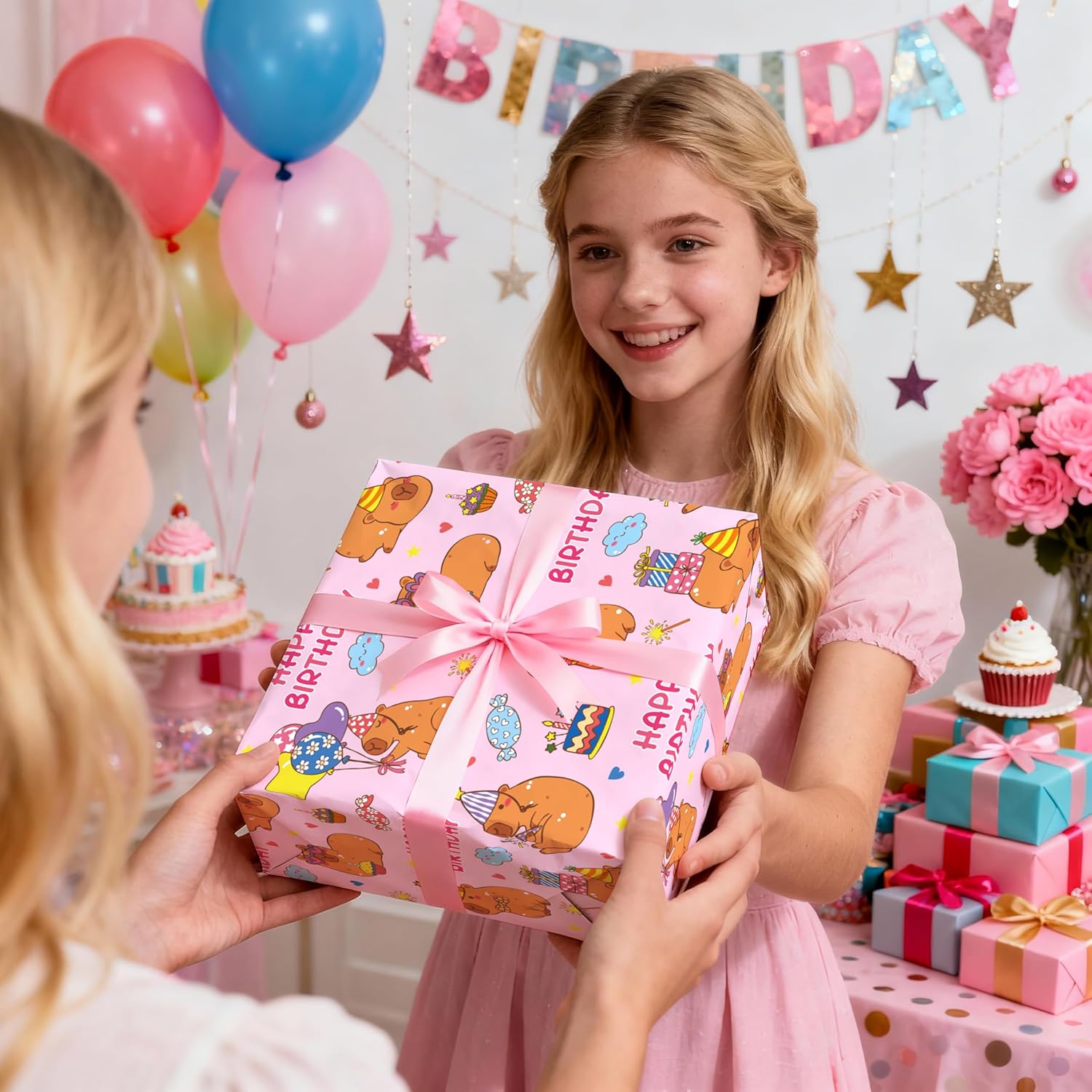 Pink Capybara Birthday Wrapping Paper Roll, Cartoon Capybara With Gifts, Balloons Cake Design For Kids Birthday Parties & Gift Wrapping, Mini Roll 17 In X 16.4 Feet