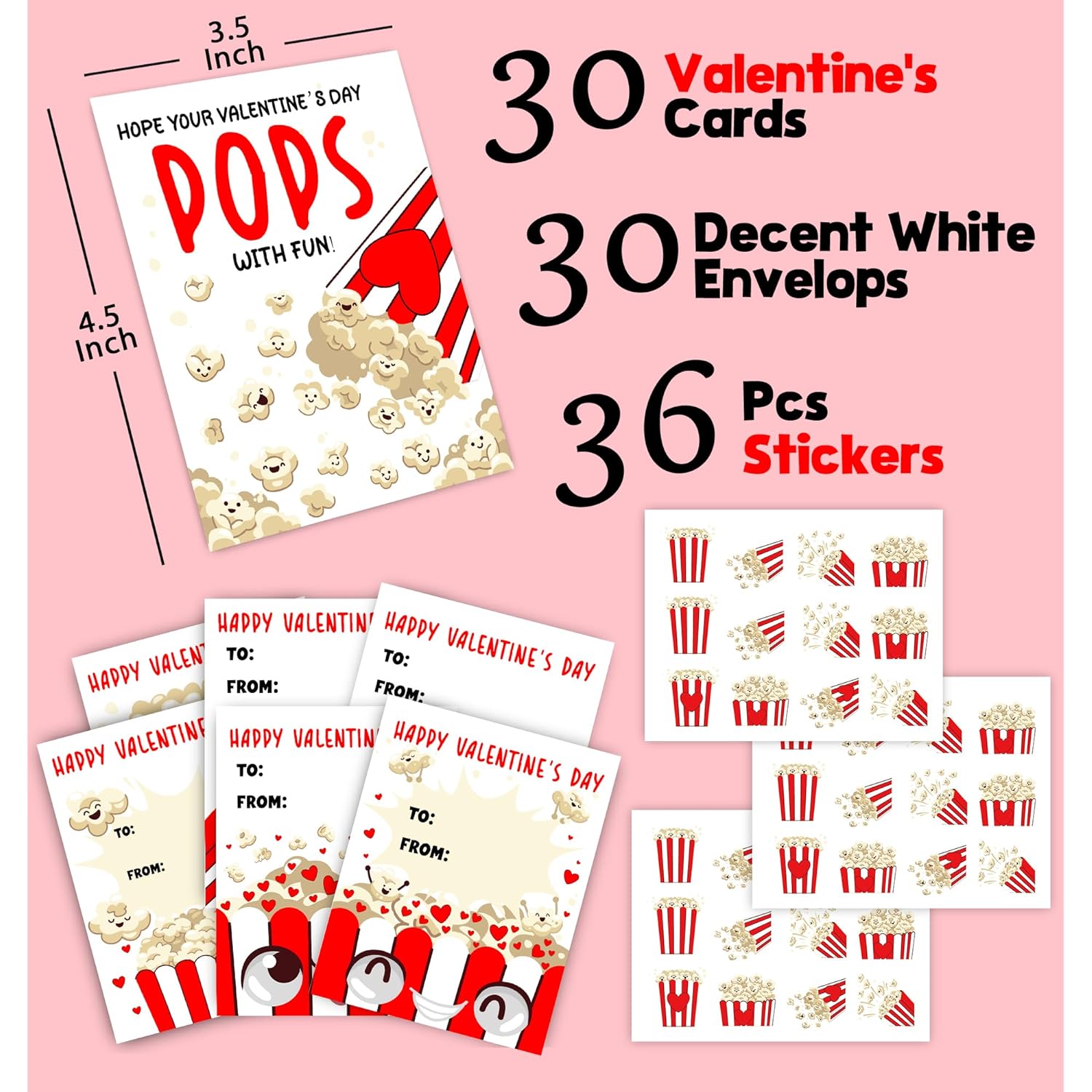 Popcorn Valentine'S Day Cards For Kids Classroom, 30 Pack Valentine Cards With 36 Stickers & 30 Envelops, Valentines Gifts For Boys Girls