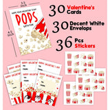 Popcorn Valentine'S Day Cards For Kids Classroom, 30 Pack Valentine Cards With 36 Stickers & 30 Envelops, Valentines Gifts For Boys Girls