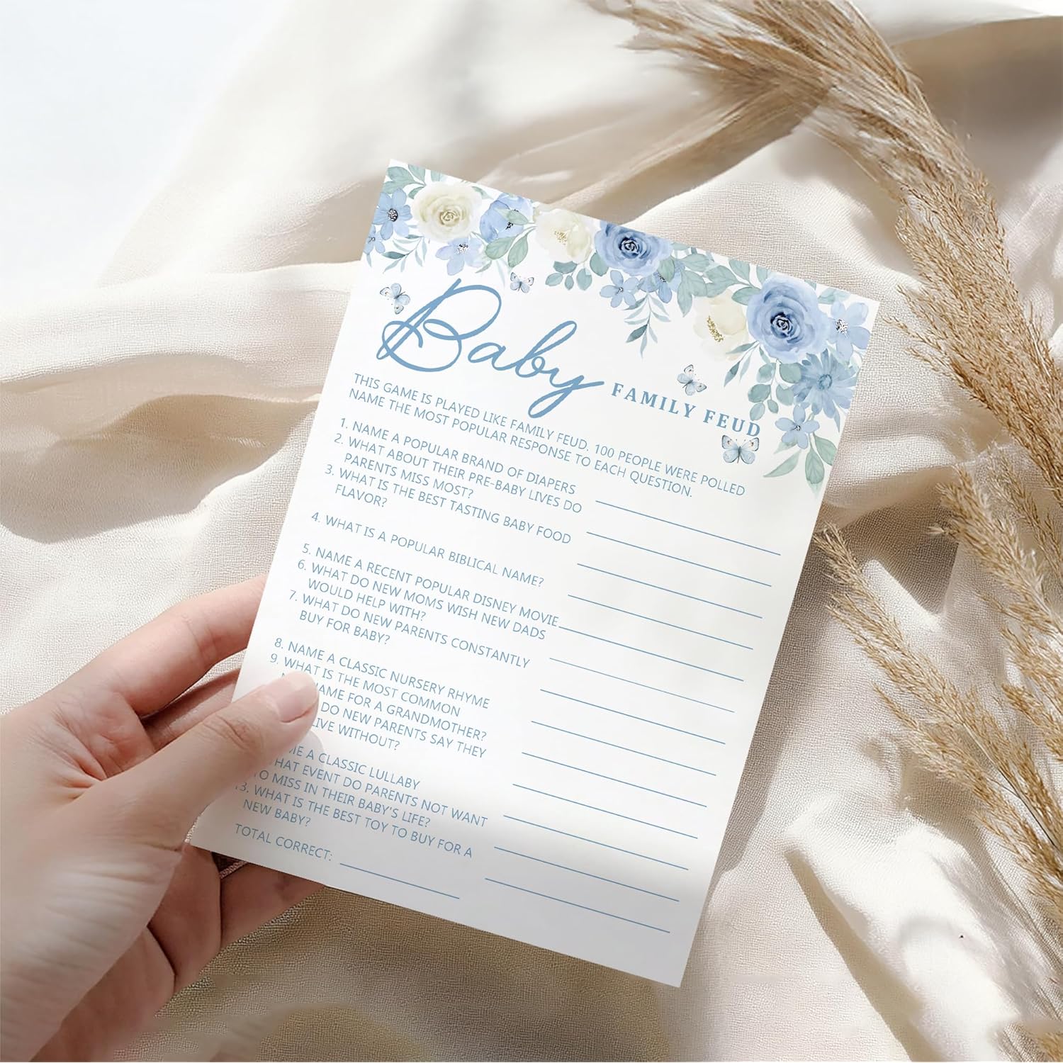 Blue Floral Family Feud Game, Baby In Bloom Baby Shower Games For Girl Boy, 25 Game Card & 1 Answer Card-A06