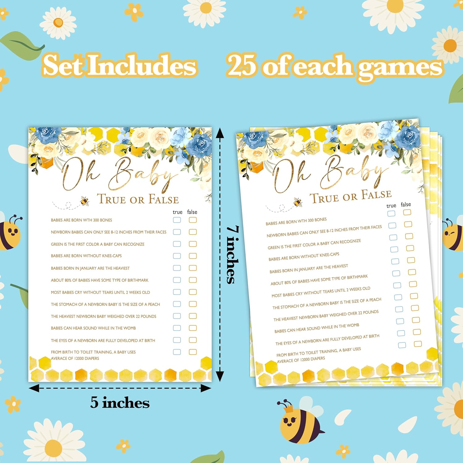 Baby Game Cards, Bee Themed Oh Baby True Or False Game Kit, Floral Gender Reveal Party Supplies Favors, Honeycomb Bee Baby Shower Activity Decoration, Baby Shower Gifts, 25 Game Cards Included, A04