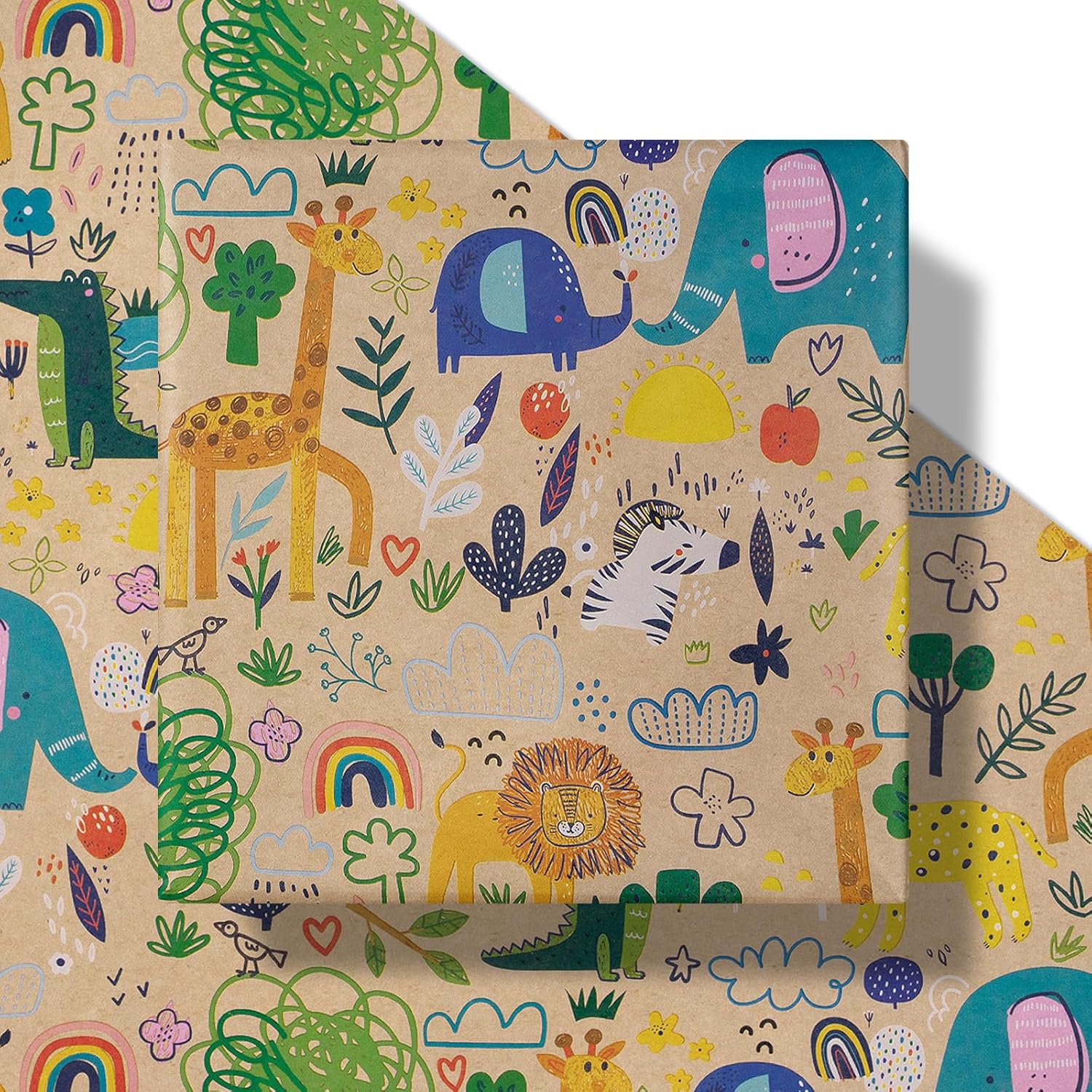 Baby Shower Wrapping Paper Roll - 17 Inches X 16.4 Feet - Colorful Cartoon Animal Design On Kraft Paper - For Boy Or Neutral Gift Wrapping, Kids' Birthday Party And Baby Shower