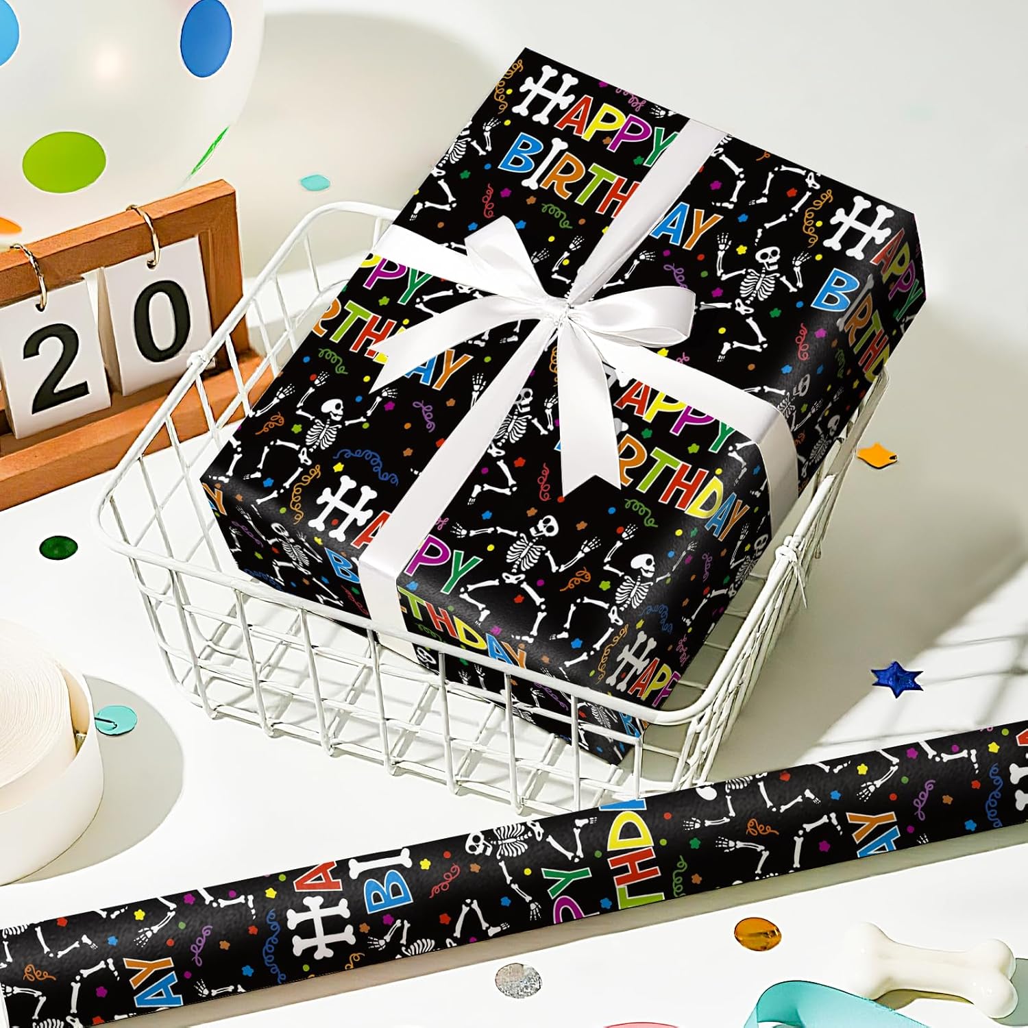 Birthday Wrapping Paper Roll - Mini Roll - 17 Inch X 16.5 Feet - Colorful Skeletons And Happy Birthday Wrapping Paper For Kids Girls Boys, Halloween