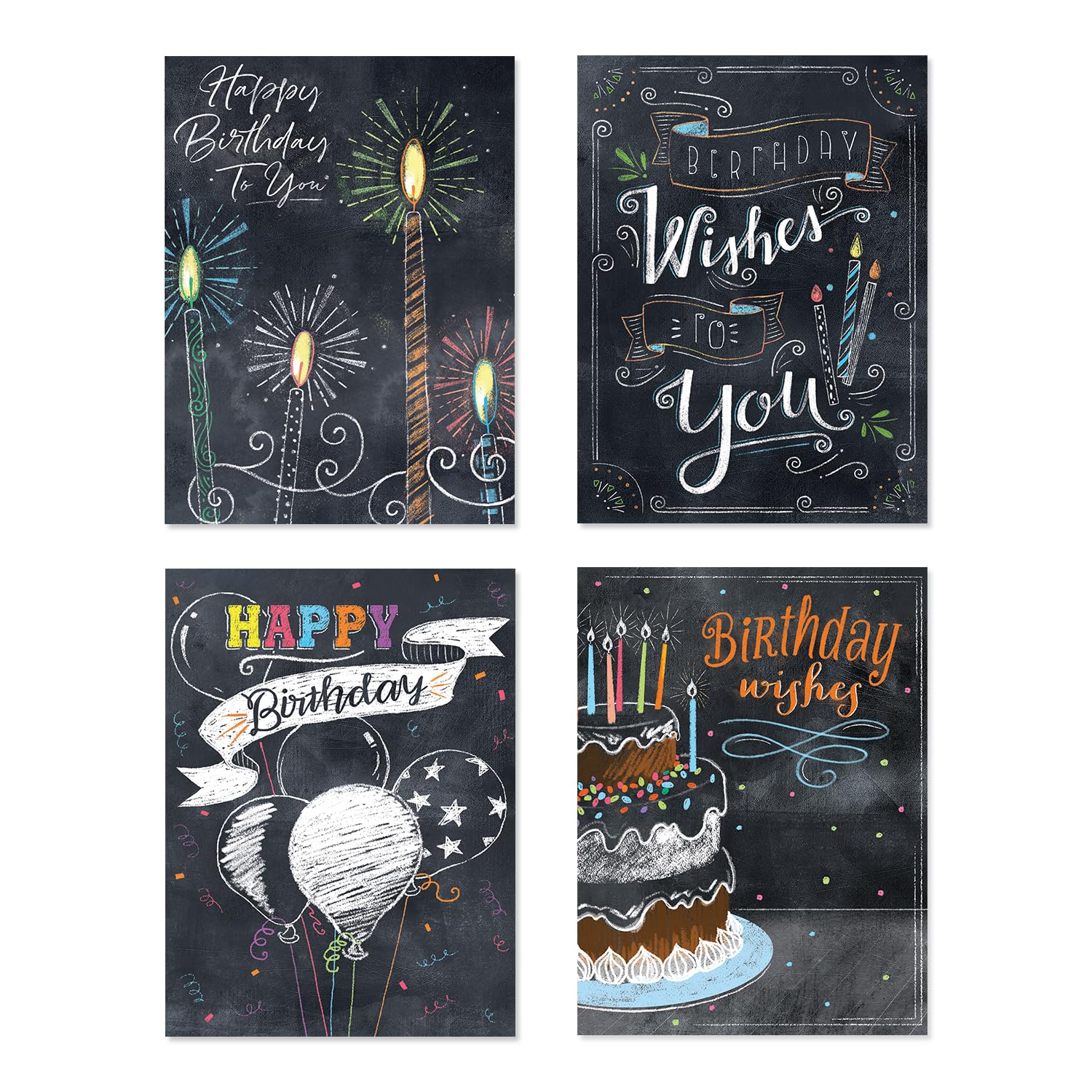 Boxed Birthday Cards Assortment, Chalkboard Wishes — Set Of 12 Fun Chalkboard-Style Greeting Cards With Envelopes – 5” X 7” – 4 Assorted Designs