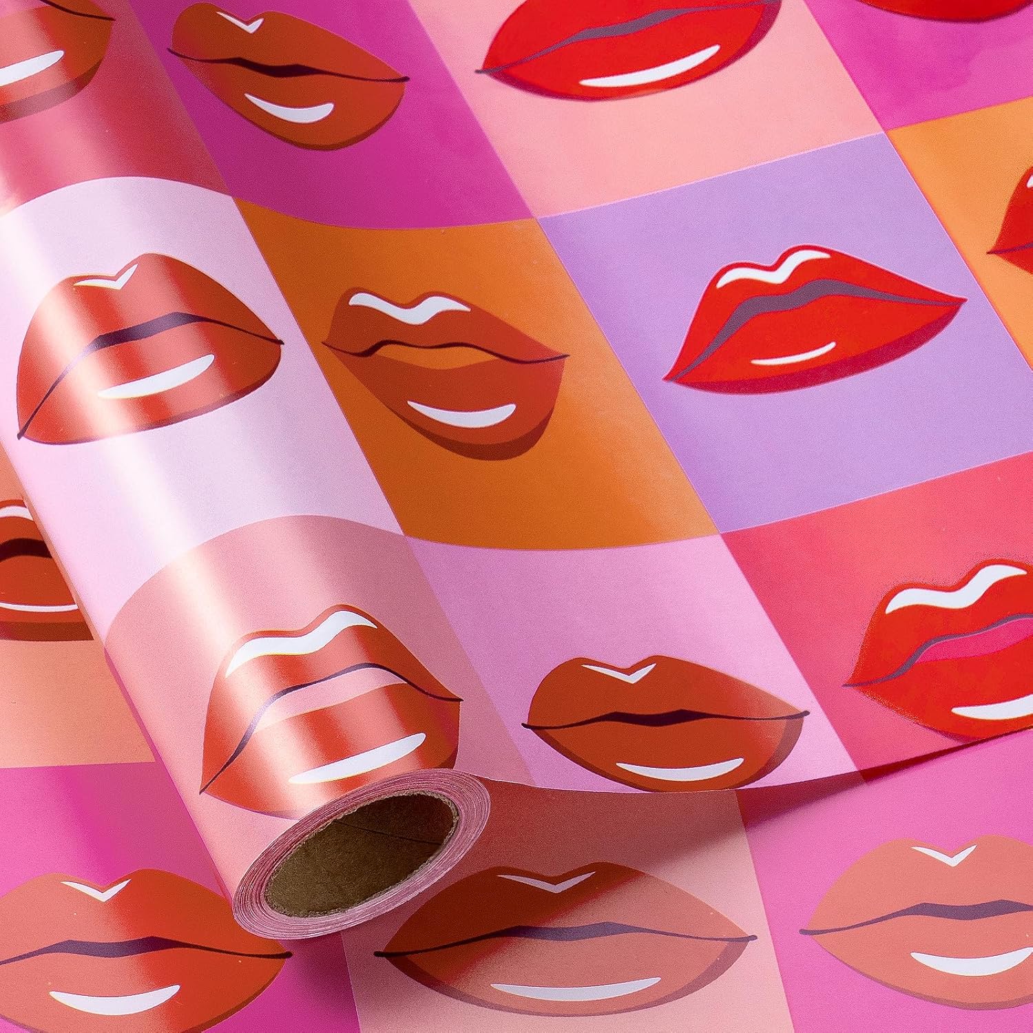 Valentine'S Red Lips Wrapping Paper Roll, Lips With Colorful Checkered Pattern For Valentine'S Day, Wedding, Birthday, Holiday, Party, Bridal Shower, Anniversary - 17 Inches X 32.8 Feet