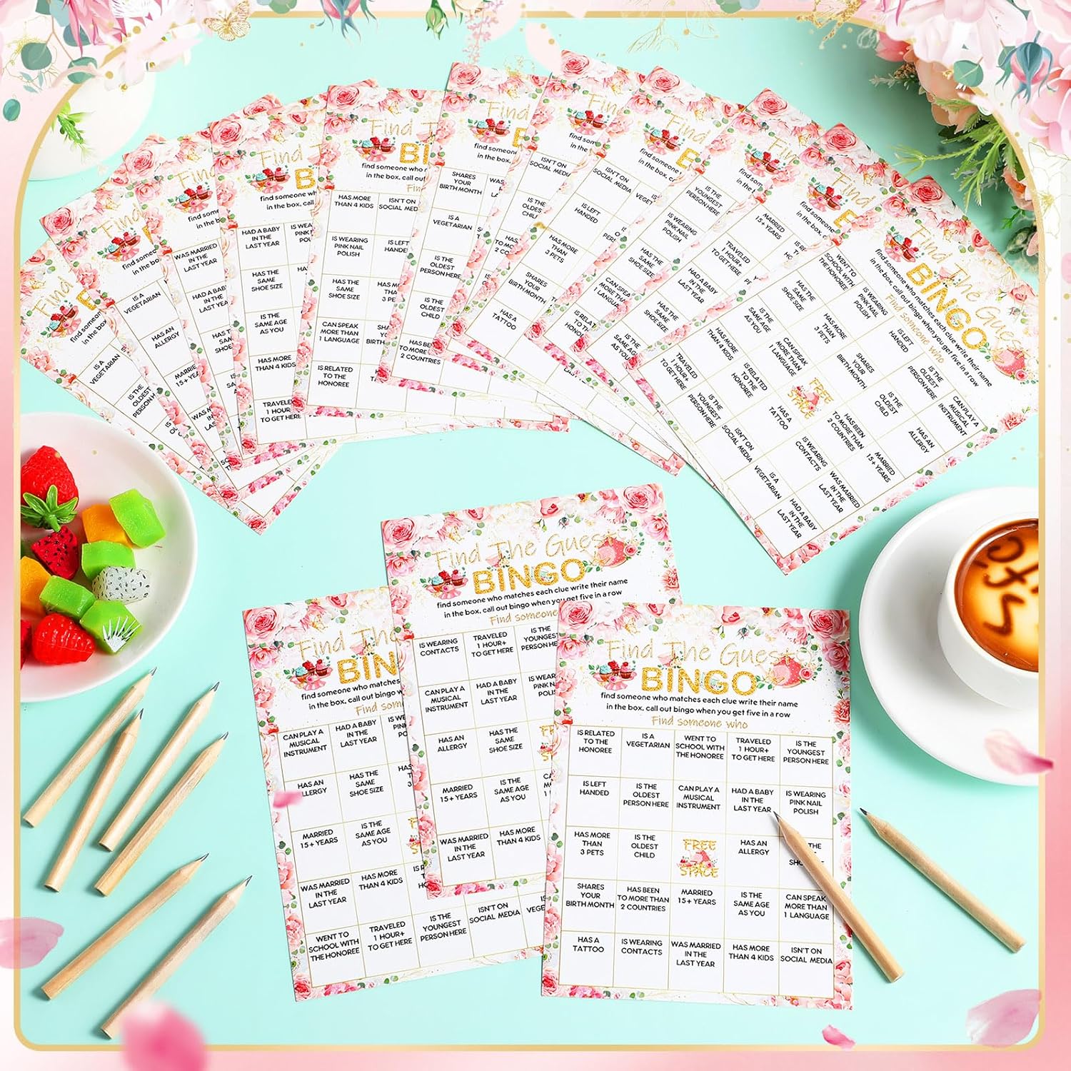 50 Pcs Find The Guest Game Bingo Cards With 20 Pcs Pencils Bridal Shower Wedding Bingo Game Pink Flower Tea Party Activity Favor Supply For Engagement Birthday Baby Shower Bachelorette, 5"X7"