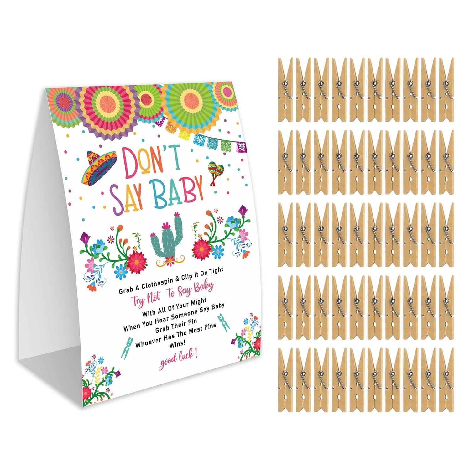 Don'T Say Baby Game For Baby Shower, 50 Wooden Clothespins And One Sign, Fiesta Taco Theme, Pins For Baby Shower Decorations, Gender Reveal Games, Baby Shower Supplies-Bb15