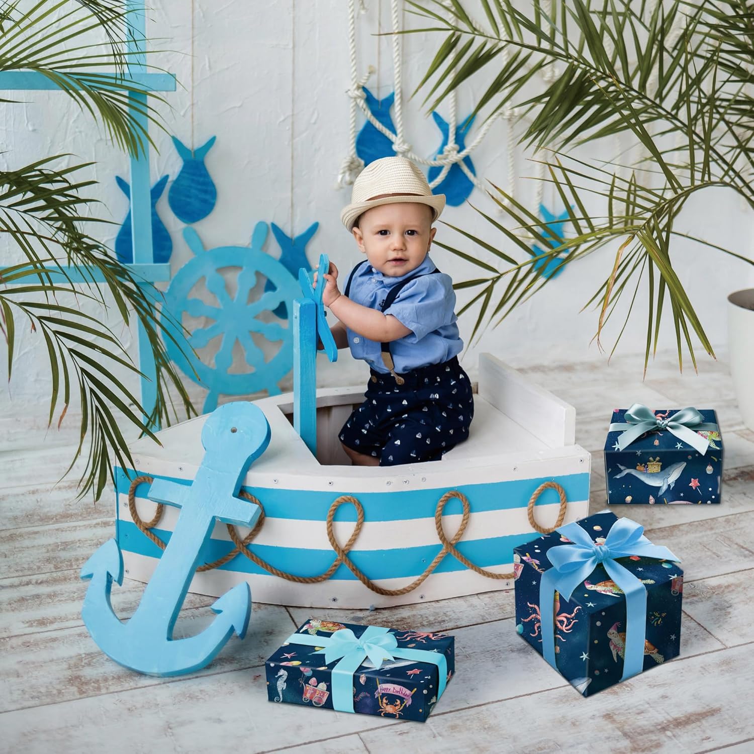 Ocean Birthday Wrapping Paper For Boys Girls Kids - Navy Blue Gift Wrap With Whales, Octopus, Seahorse And Happy Birthday On Galaxy Design For B-Day Baby Shower - 40×28 Inches, 4 Sheets