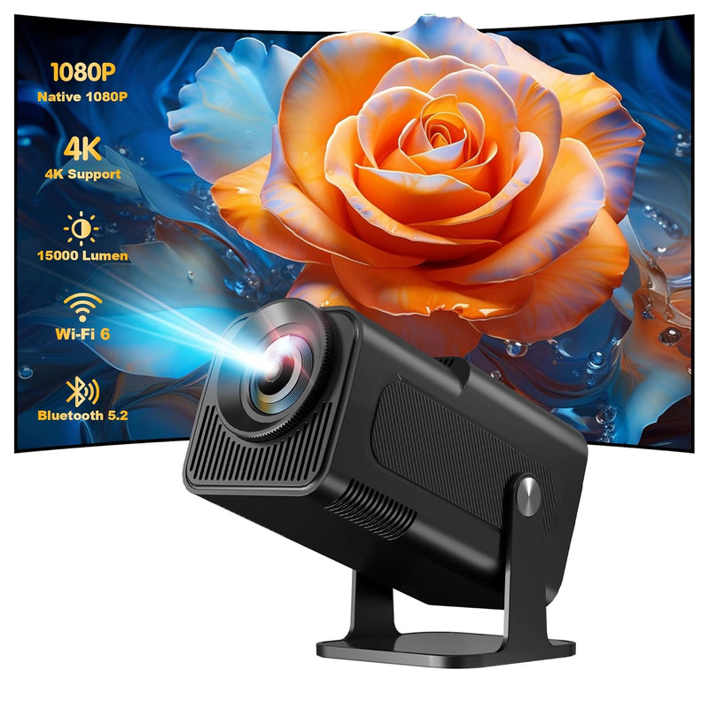 Mini 1080P Projector, 4K, WiFi, Bluetooth, 15000L, Android TV 11, 180° Rotation