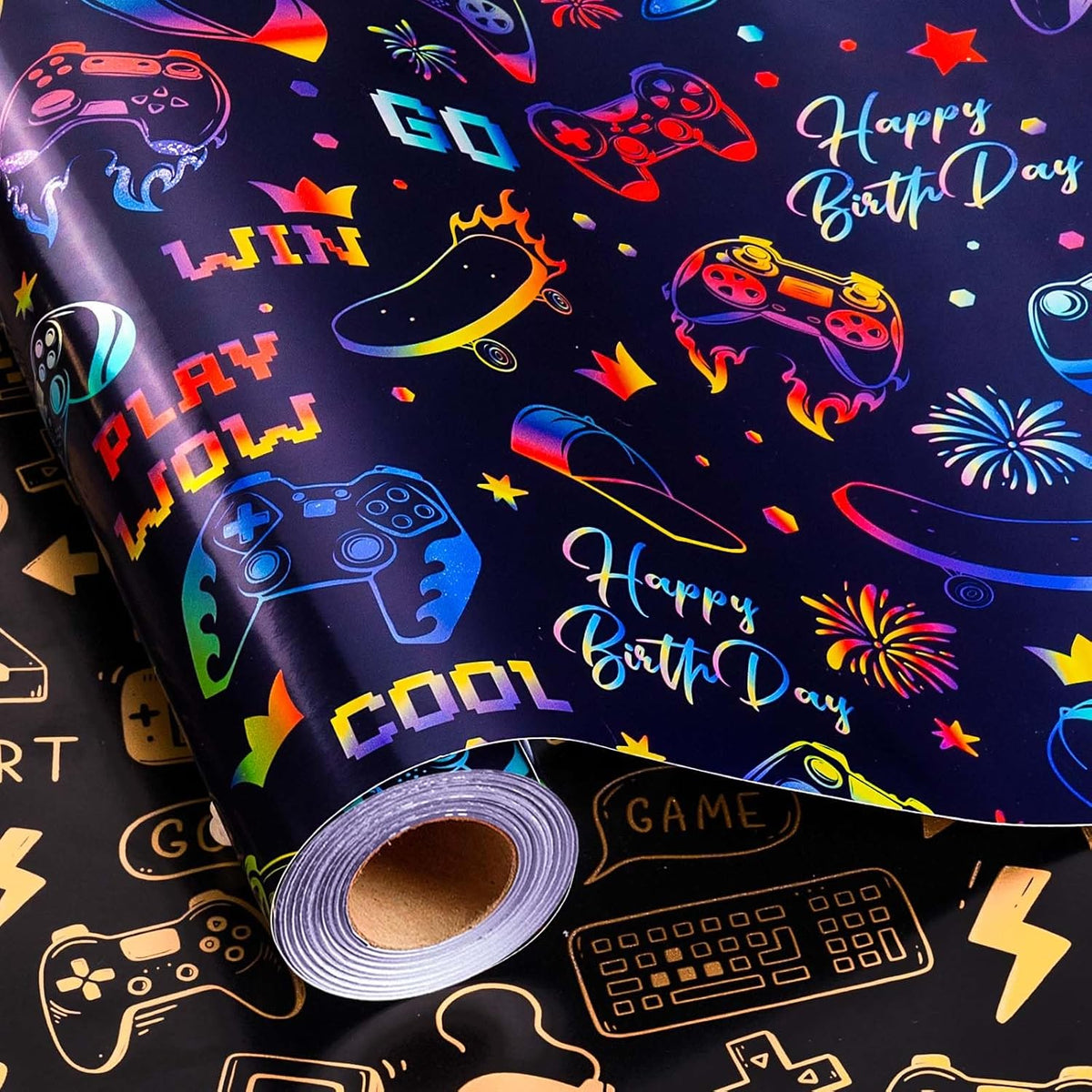 Gaming Wrapping Paper, Blue Birthday Wrapping Paper For Boys, Holographic Video Game Controller Theme Gift Wrap For Boys Men Birthday, Christmas, Father'S Day (Mini Roll, 17 In X 33 Ft)