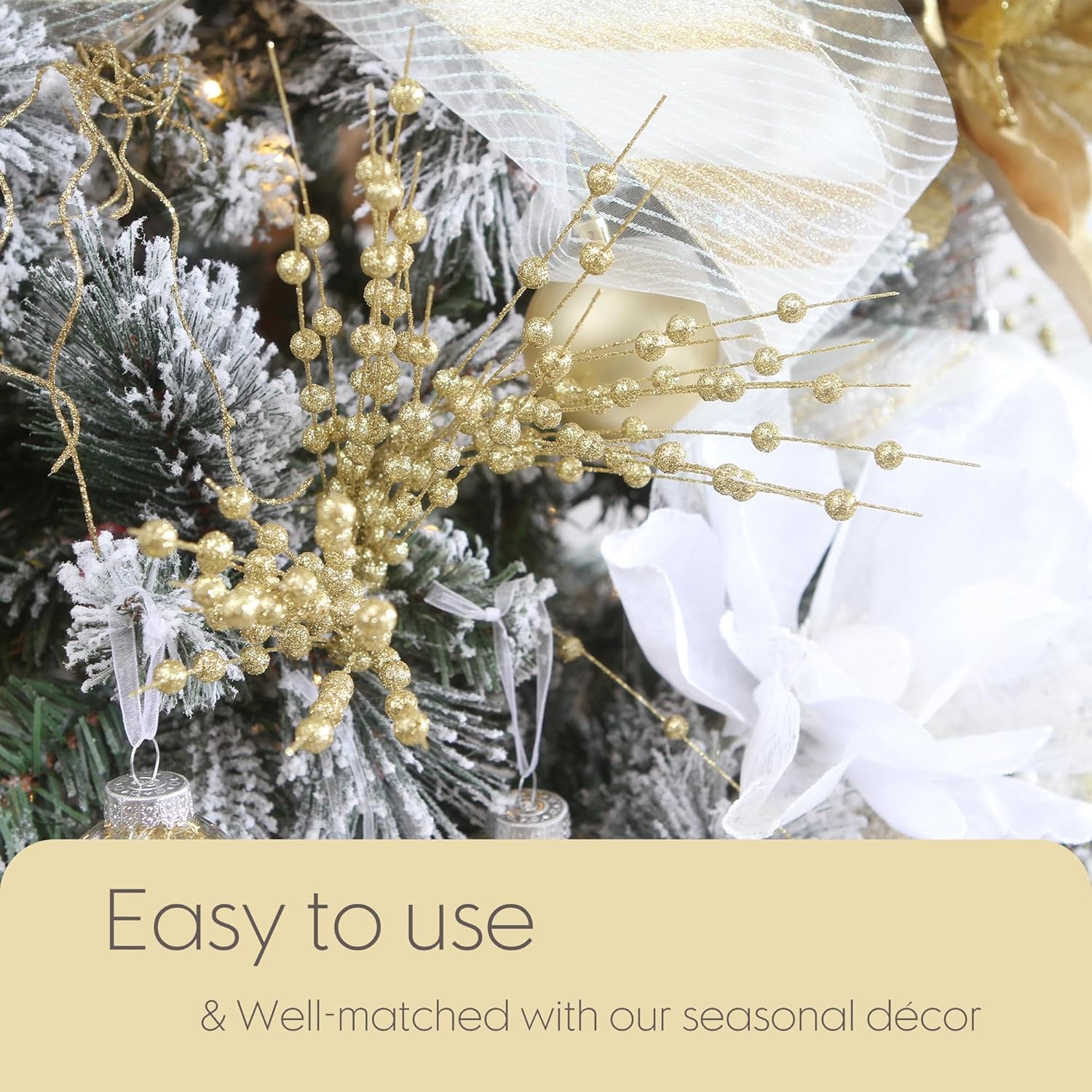 24-Pack Artificial Glitter Berry Stem Ornaments, Decorative Bead Sticks, Glittery Twigs, Picks, Branches For Christmas Tree, Small Vase, Holiday, Wedding, Party (17 Inches, Gold)