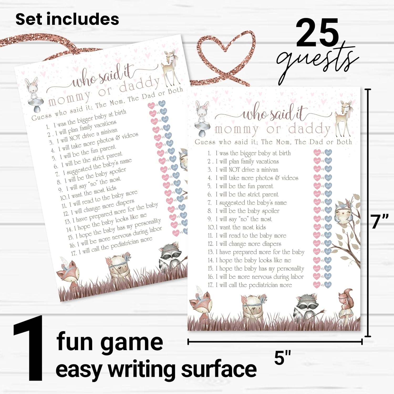 Woodland Baby Shower Games For Girl - 25 Guess Who Mommy Or Daddy Game Cards, Fun Guessing Activities For Guests Prizes, Boho Animals Theme Neutral Pink, 25 Cards