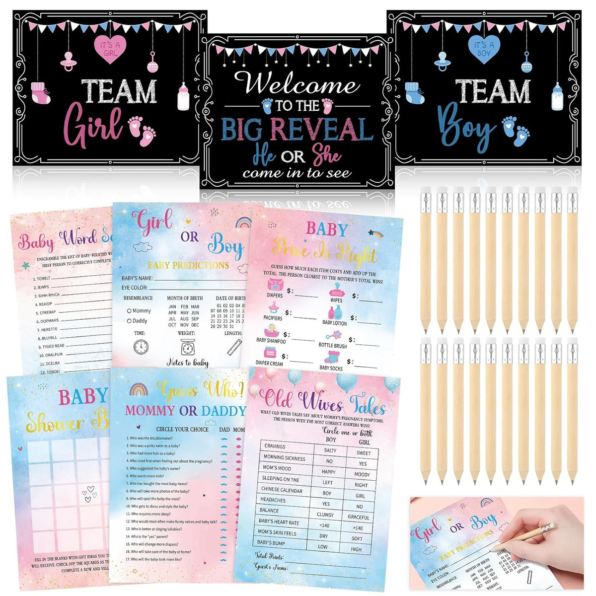 173 Pcs Gender Reveal Games For 25 Guests 6 Funny Baby Shower Games With 20 Pencils Boy Or Girl Gender Reveal Ideas Baby Bingo Prediction Guess Mommy Or Daddy Old Wives Tales Word Scramble