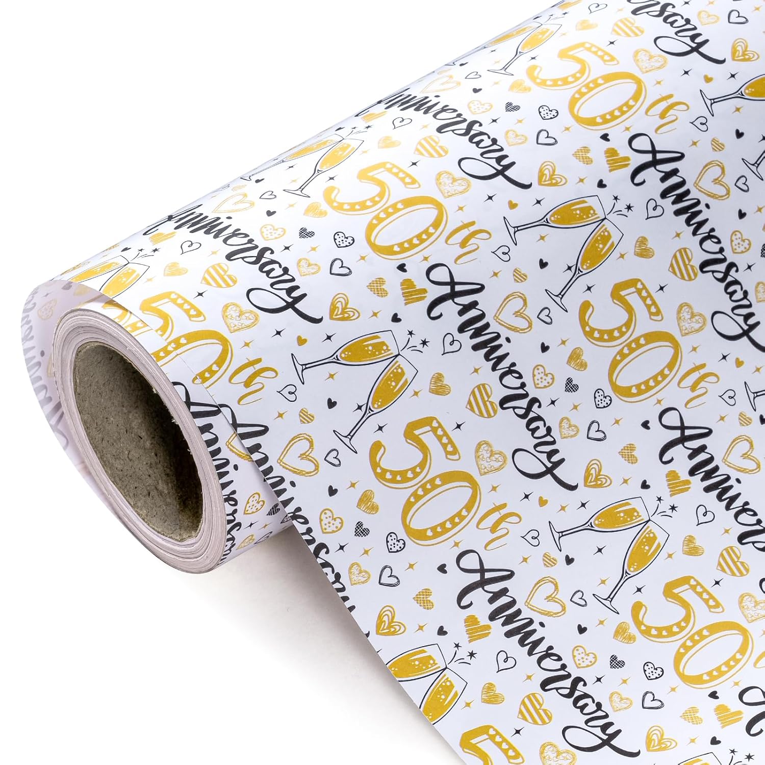 50Th Anniversary Wrapping Paper - Mini Roll - 17 Inch X 33 Feet - Gold 50Th Anniversary Design For Birthday, Party, Holiday