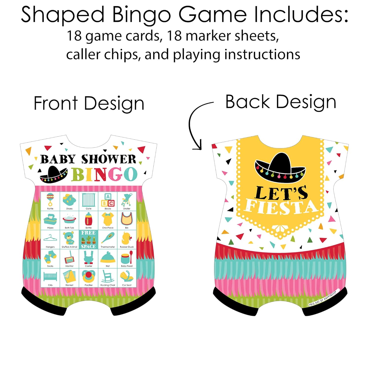Big Dot of Happiness Let’s Fiesta - Picture Bingo Cards and Markers - Baby Shower Shaped Bingo Game - Set of 18
