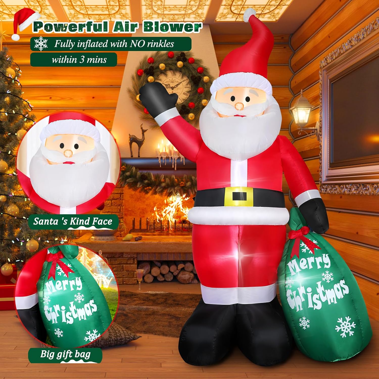 7 Ft Christmas Inflatable Santa Claus With Green Gift Bag, Blow Up Santa Claus Built-In Led Lights, Xmas Inflatable Indo
