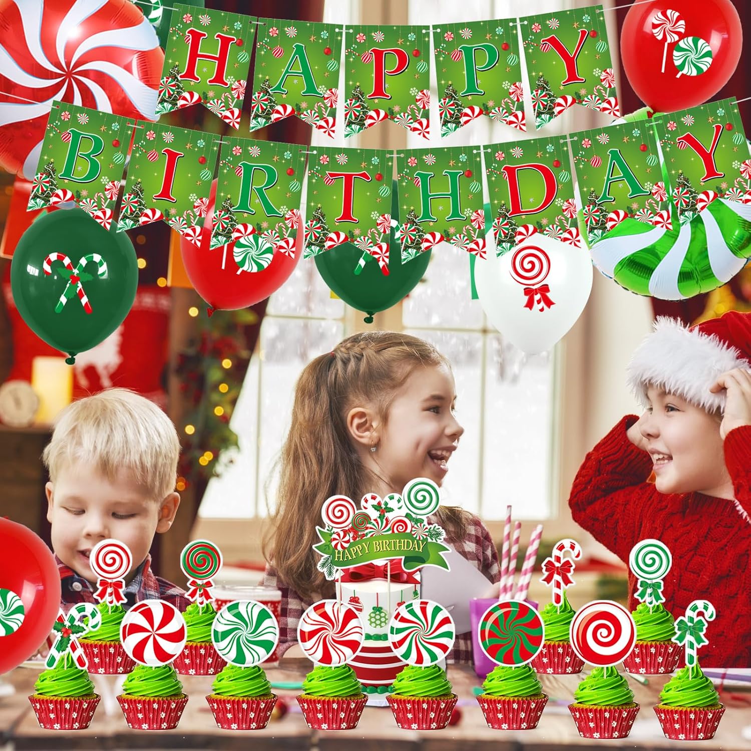 Christmas & Birthday Party Decorations - Candy Theme Banner, Cupcake Toppers & Balloons For Baby Showers
