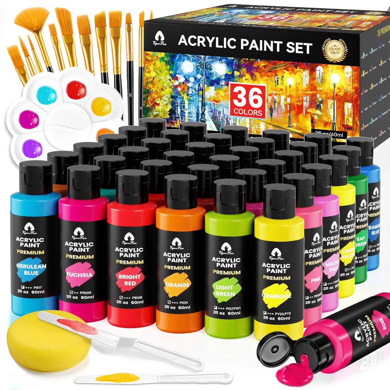 52 Pcs Acrylic Paint Set - 36 Colors (2Oz/60Ml) With Brushes, Knives & Palette - Rich Pigments Gifts For Adults, Artists & Beginners - Painting On Canvas, Ceramic, Rock, Wood