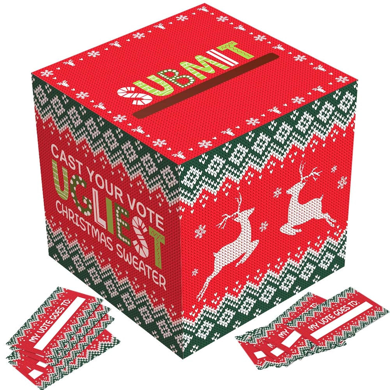 Ugly Sweater Contest Ballot Box And Voting Cards Set For Christmas New Year Party