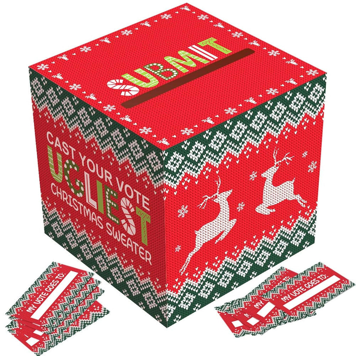 Ugly Sweater Contest Ballot Box And Voting Cards Set For Christmas New Year Party