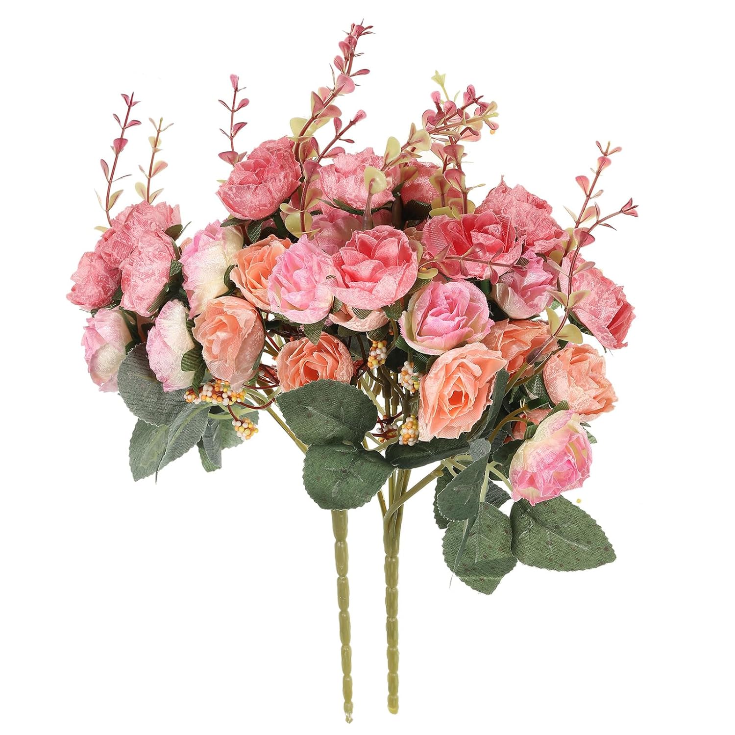 7 Branch 21 Heads Artificial Silk Mini Rose With Stem, 2 Pack Fake Flowers Leaf Rose Decor Bouquet For Wedding Home Office Decoration, Coral Pink