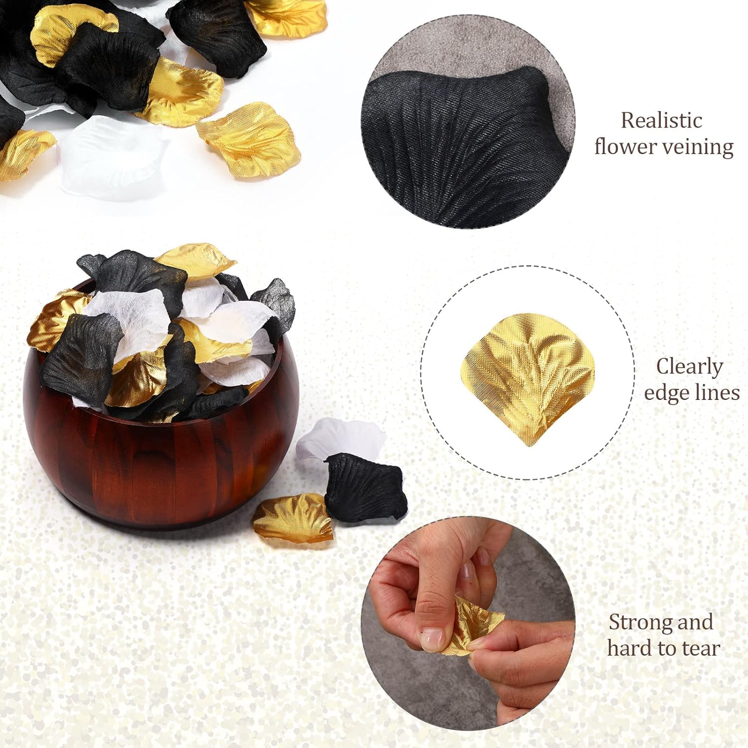 1600 Pcs Gold White Black Artificial Rose Petals Bulk, Valentine'S Day Flower Petals For Wedding Aisle Decoration, Flower Girl, Romantic Table Scatter Party Supplies
