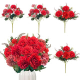 Set Of 4 Bouquets Peonies Artificial Flowers Red Silk Flower Arrangements Cemetery Flowers For Grave With Chrysanthemums 13.8 Inch Bouquet For Home Table Decor Diy Arrangement Grave