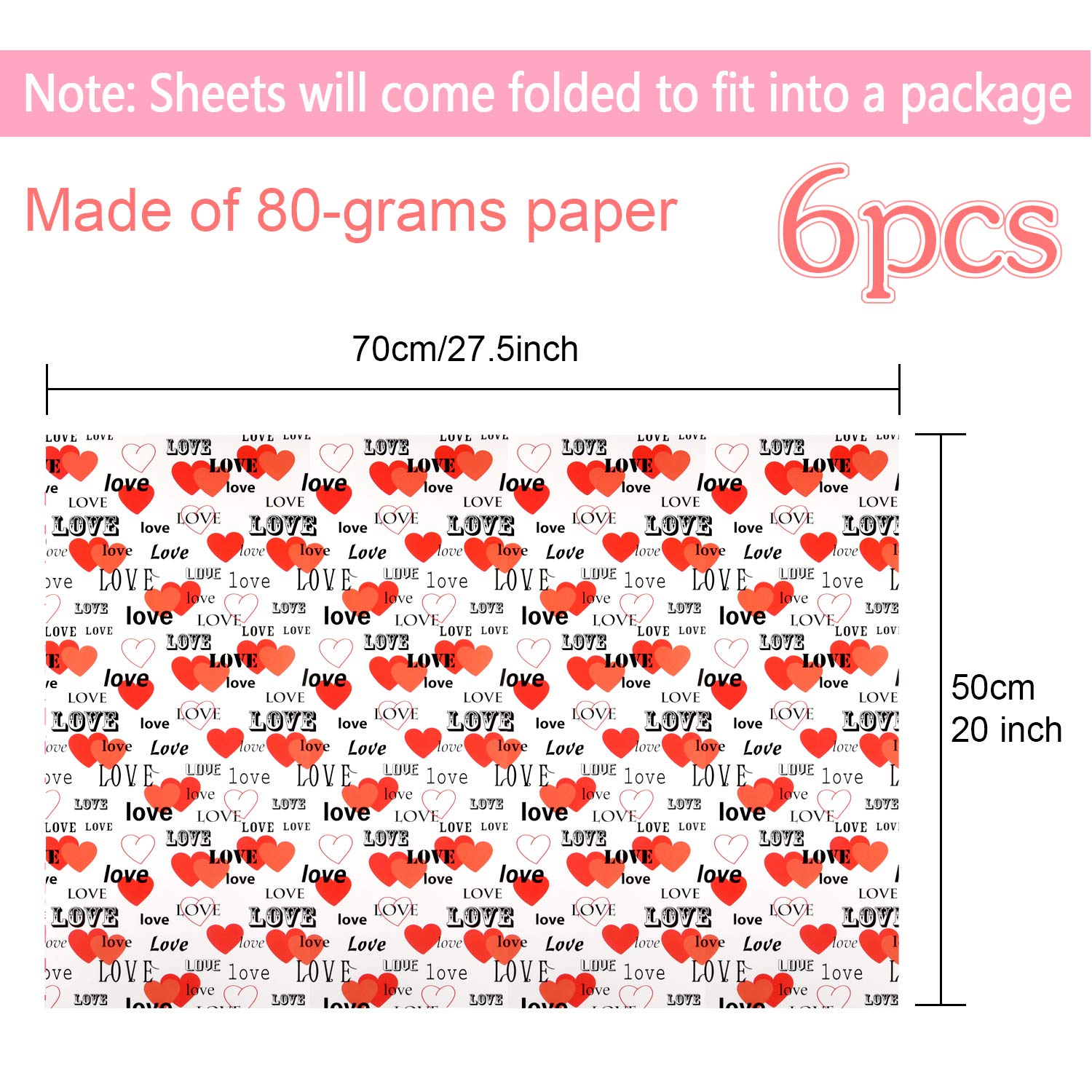 6 Pcs Heart Wrapping Paper Printed Patterned Tissue Valentines Gift Wrap Red Tissue Paper For Gift Wrap Supply(50 * 70Cm)