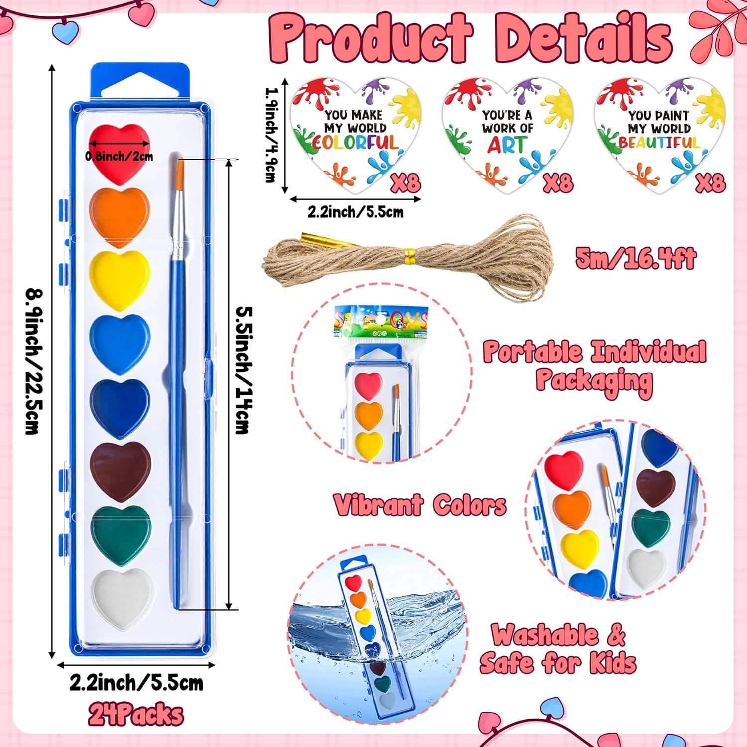 Watercolor Kids Card Set, Valentine’S Day 24 Pack Bulk Washable Paint Set, 8 Color Watercolor Paint With Brush, Back To School Classroom Supplies Party Favors
