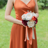 Burnt Orange Wedding Bouquets For Bride Bridesmaid, Artificial Burgundy Prom Flowers Bouquet For Weddins, Ceremony, Anniversary, 7 Inches