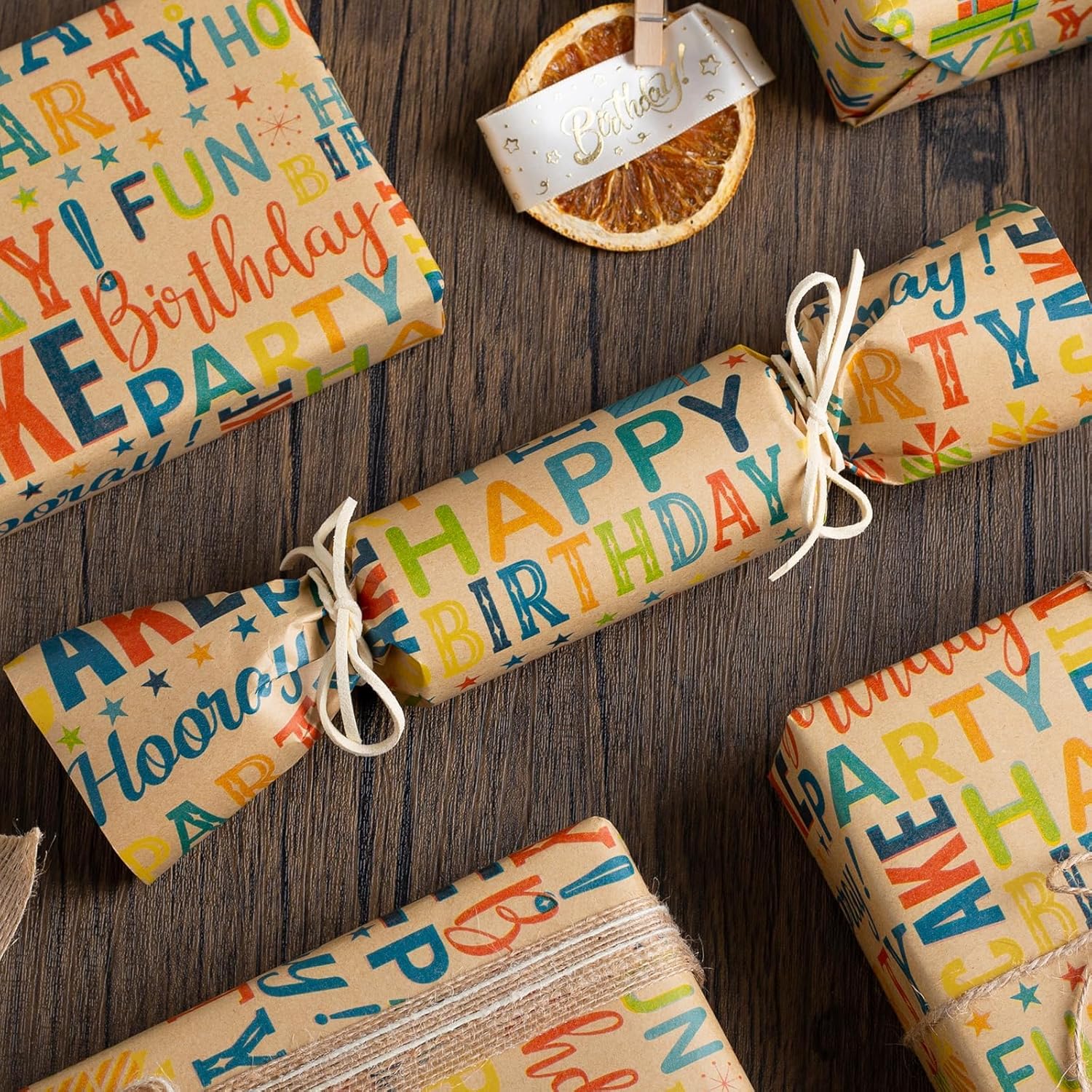 Kraft Birthday Wrapping Paper For Boys & Girls - Colorful Happy Birthday Pattern - Great For Parties & Baby Showers - Mini Roll - 17 Inches X 33 Feet