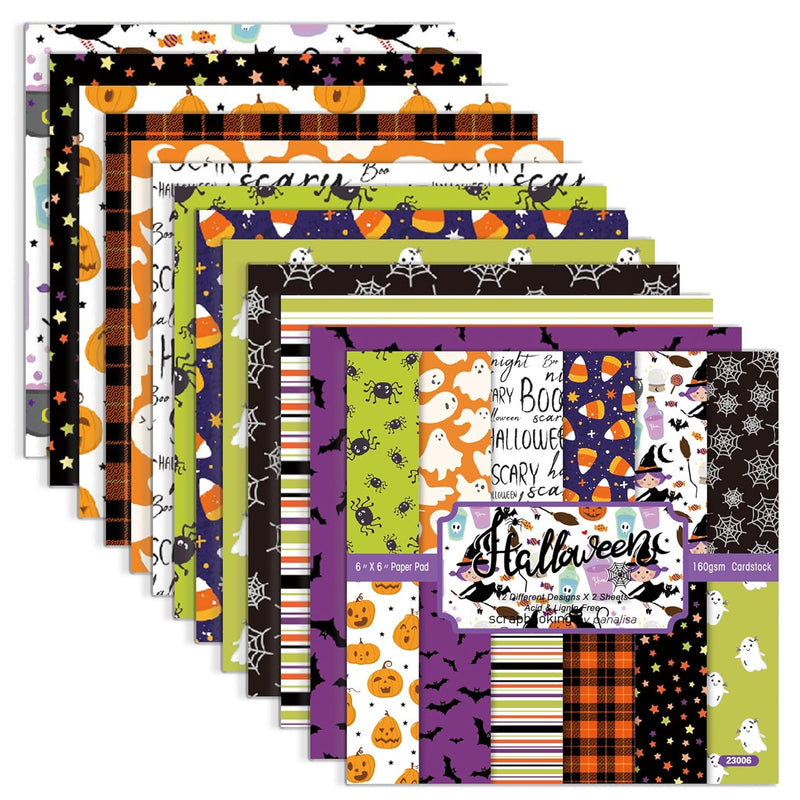 Halloween Scrapbook Paper, 24 Sheets 6"×6” Single-Sided Pumpkin Spider Ghost B