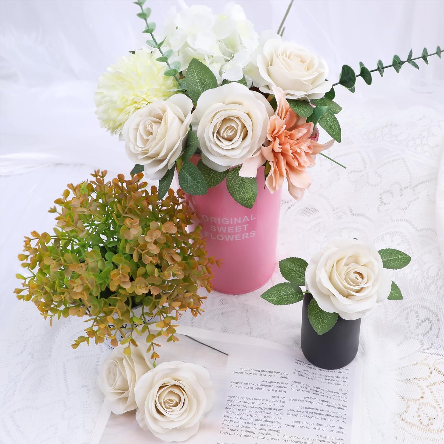Artificial Flower Fake Rose Silk Rose 16Pcs Real Looking Fake Flowers With Stems For Diy Wedding Bouquets Tables Centerpieces Floral Arrangements Festival Decoration (Beige)