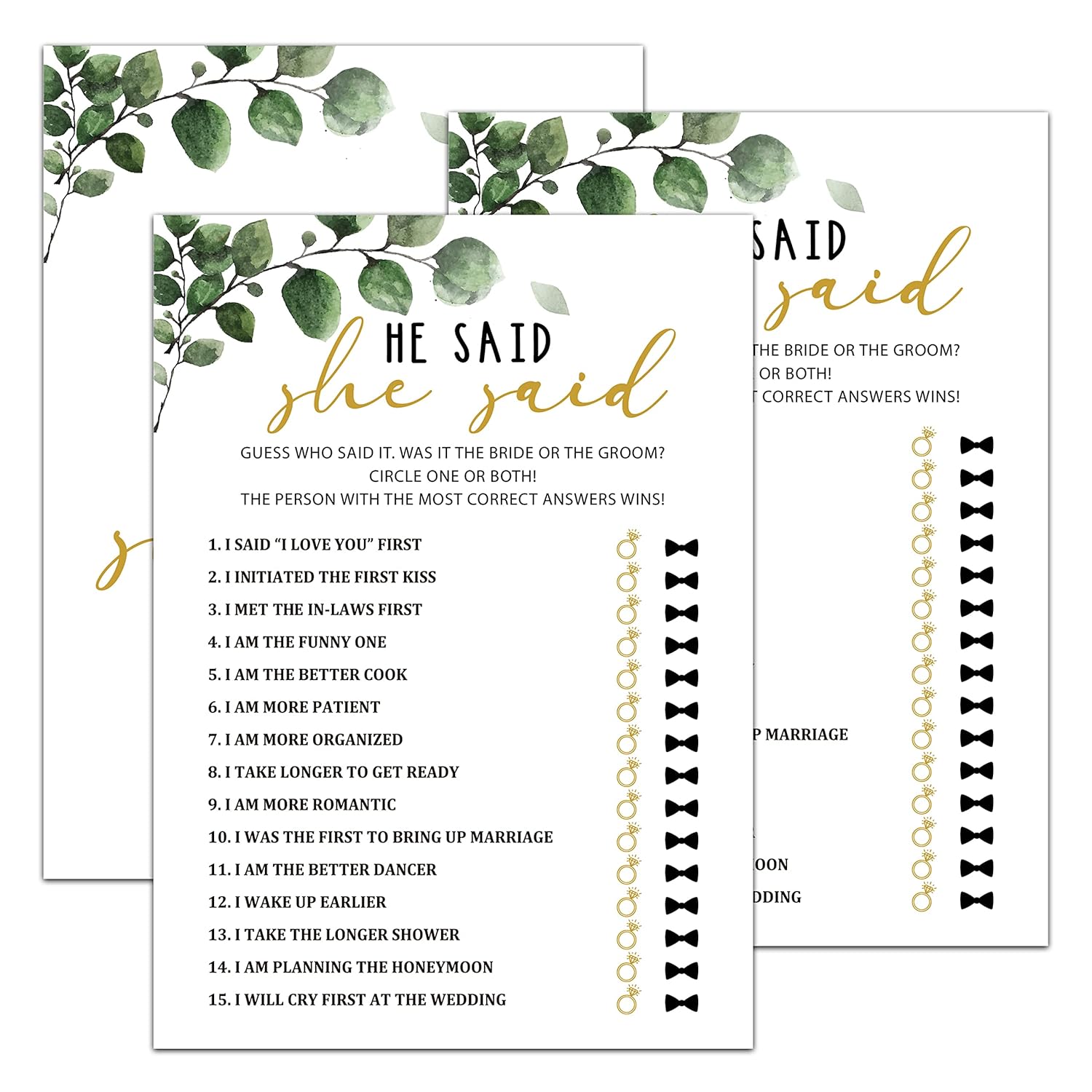 Bridal Shower Games - Greenery Engagement Party Game Cards For Wedding, Bachelorette Party - Bridal Shower Decorations - He Said She Said - 30 Cards(002)