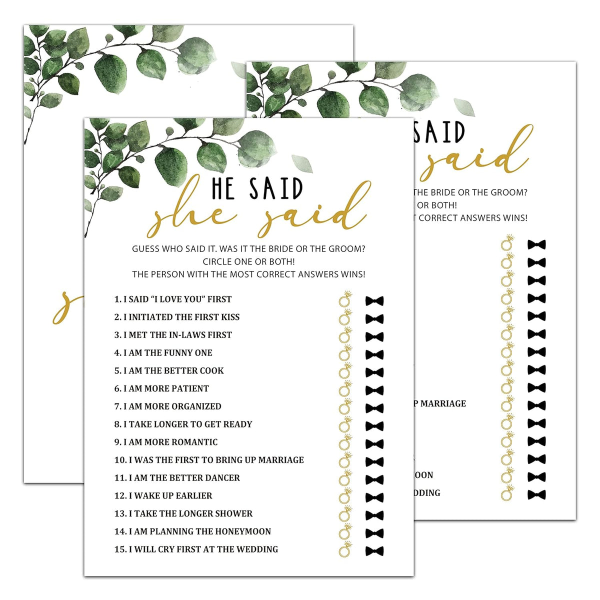 Bridal Shower Games - Greenery Engagement Party Game Cards For Wedding, Bachelorette Party - Bridal Shower Decorations - He Said She Said - 30 Cards(002)