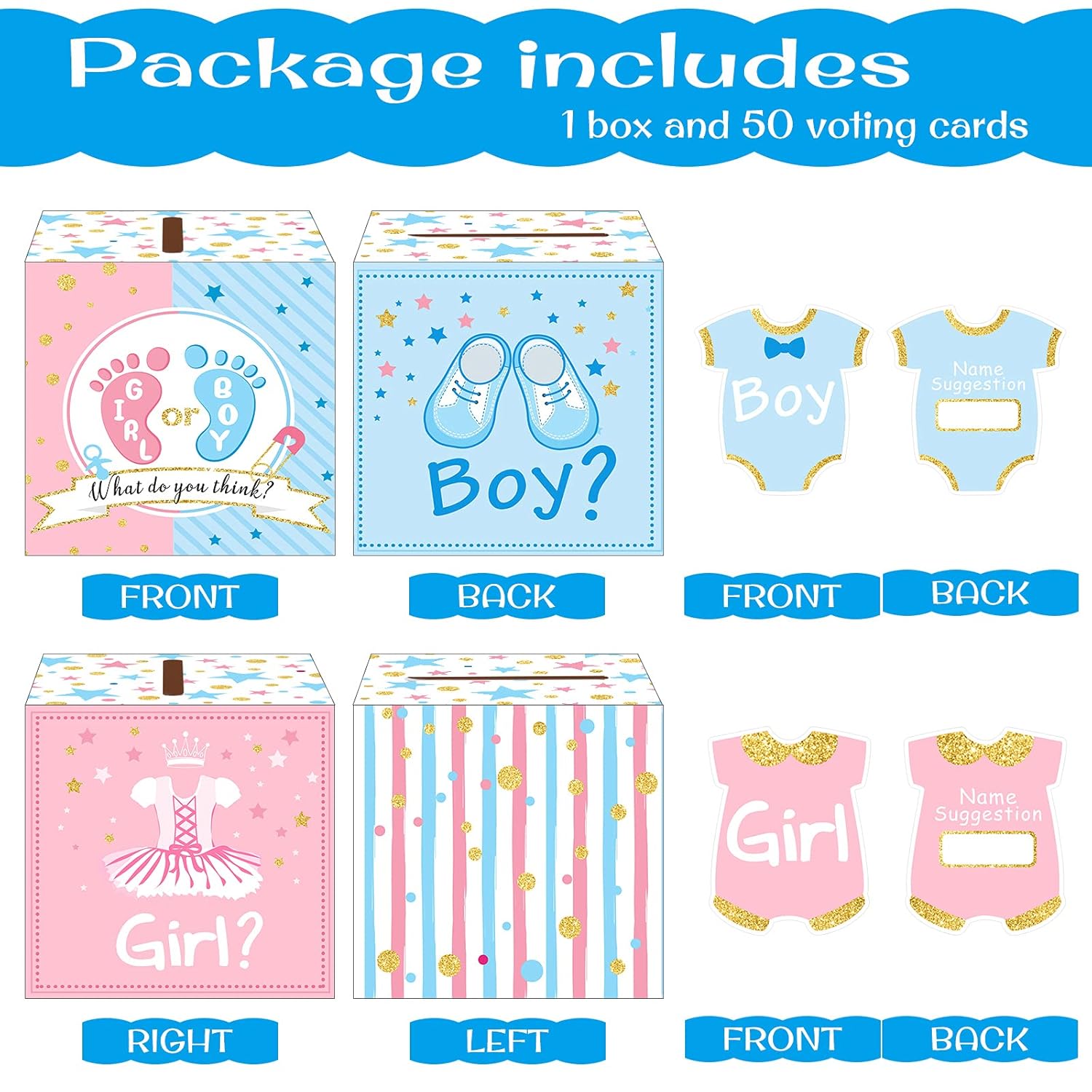 Baby Gender Reveal Voting Box With 50 Pieces Boy Or Girl Ballot Cards Baby Shower Decorations Party Invitations And Voting Games Gender Reveal Party Supplies(Pink, Blue)
