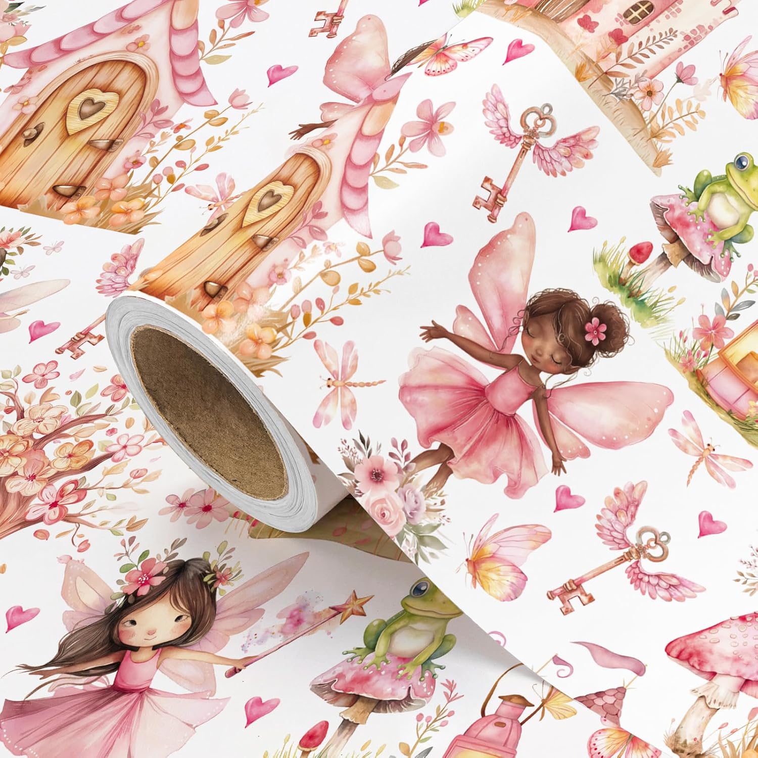 Fairy Wrapping Paper Roll - Mini Roll - 17 Inch X 16.5 Feet - Pink Fairy Tale Girls Birthday Wrapping Paper Perfect For Kids Girls Birthday, Baby Shower