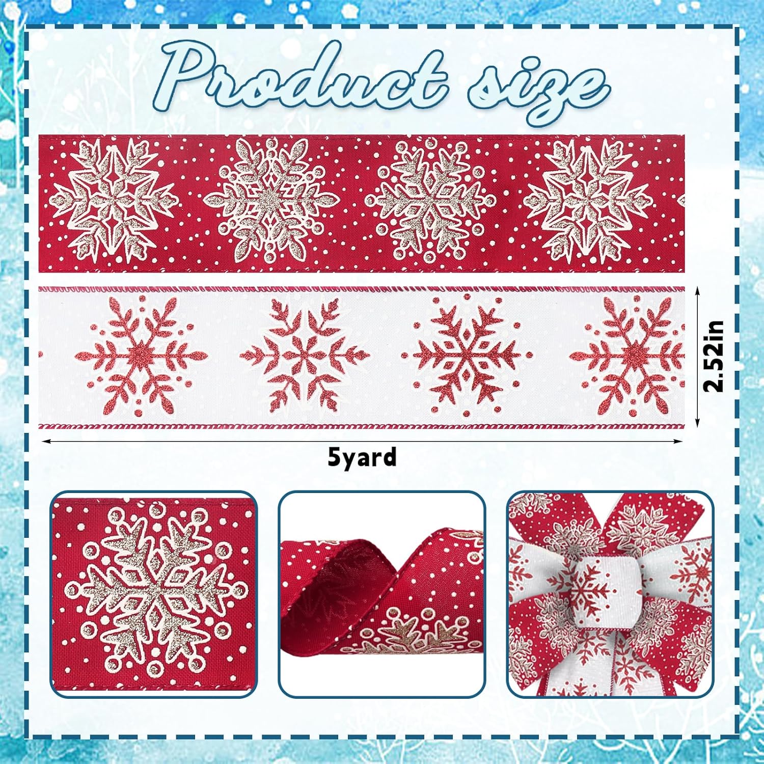 2 Rolls 2.5" 5 Yd Merry Christmas Ribbon Snowflake Wired Ribbon Glitter Gold Red White For Wreath Diy Crafting Gifts Wrapping Party Decoration