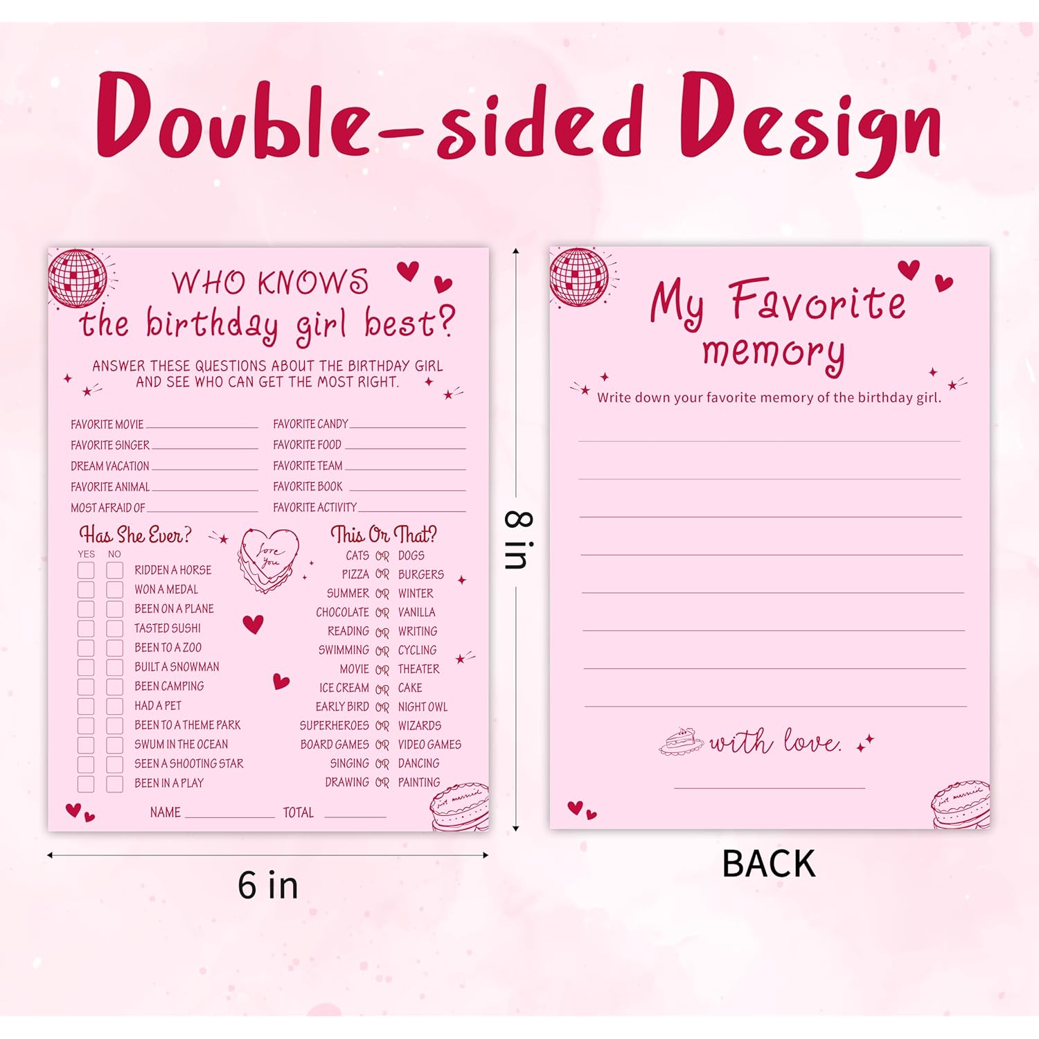 Who Knows The Birthday Girl Best & Favorite Memory - 20Pcs Birthday Double-Sided Game Cards - Pink Full Print Birthday Game Cards For Girls - Birthday,Sleepover Party & Acticities Supplies - A01