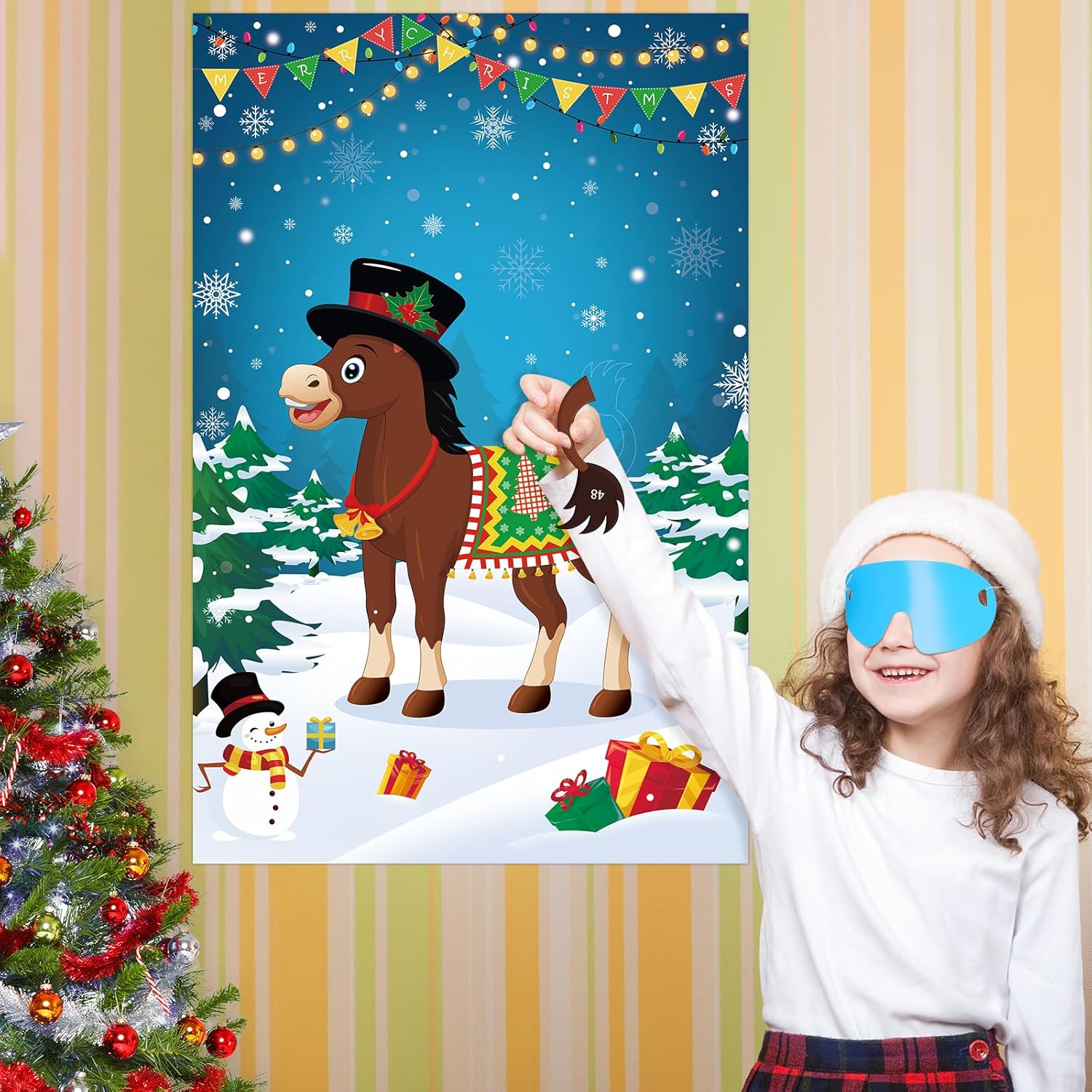 Pin The Tail On The Donkey Party Game With 50 Pcs Tails, Large Christmas Donkey Games Poster For Kids Christmas Party Decorations And Games Supplies