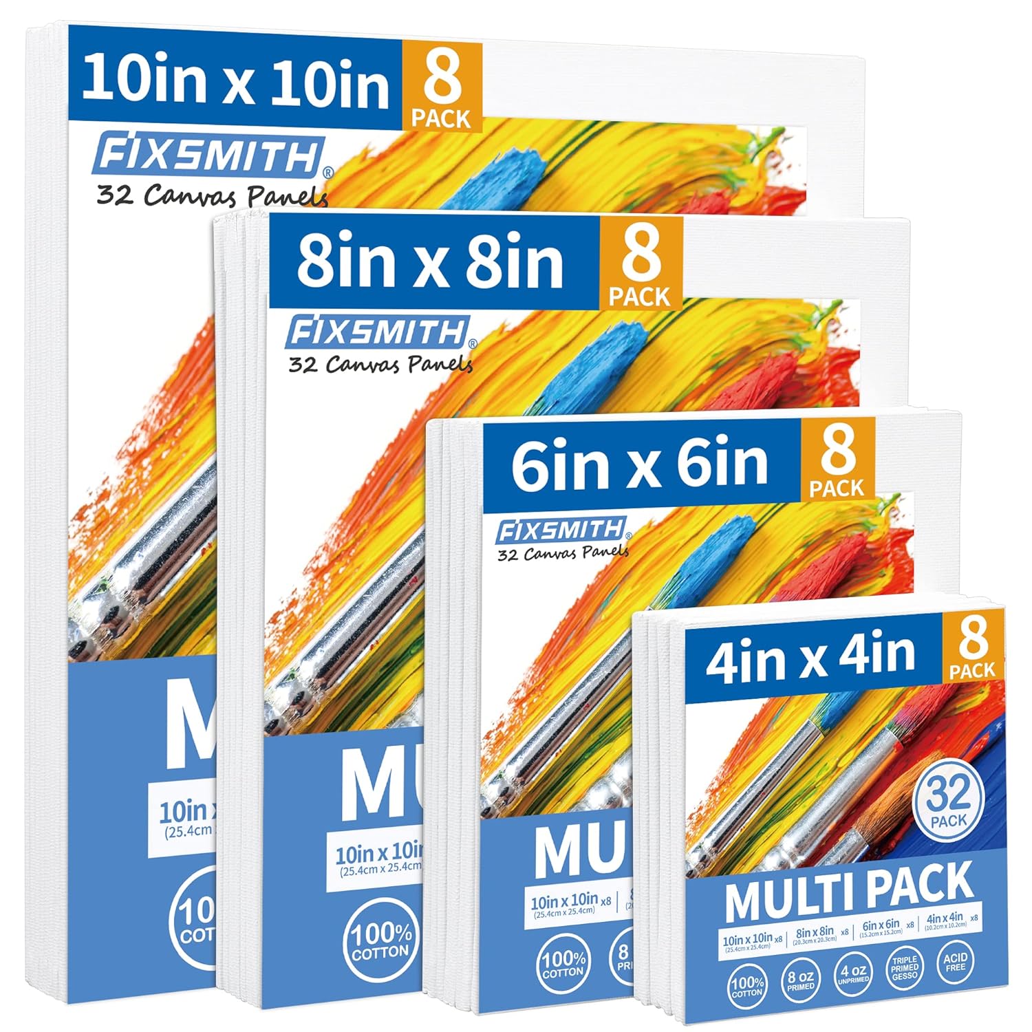 Canvas Boards For Painting, Multi Pack- 4X4,6X6,8X8,10X10 (8 Of Each),32 Pack,100% Cotton Primed Canvas Panels For Acrylic, Oil, Art Supplies For Kids, Adults, Beginners