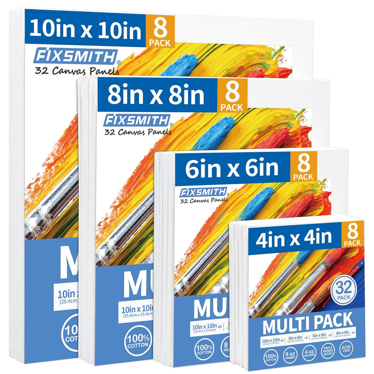 Canvas Boards For Painting, Multi Pack- 4X4,6X6,8X8,10X10 (8 Of Each),32 Pack,100% Cotton Primed Canvas Panels For Acrylic, Oil, Art Supplies For Kids, Adults, Beginners