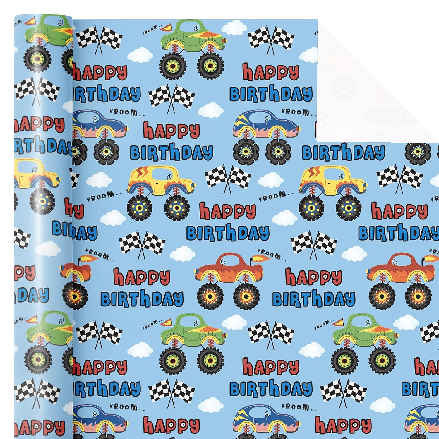 Truck Wrapping Paper - Mini Roll - 17 Inch X 9.8 Feet - Light Blue Happy Birthday Wrapping Paper For Kids Boys, Baby Shower, Car Lover