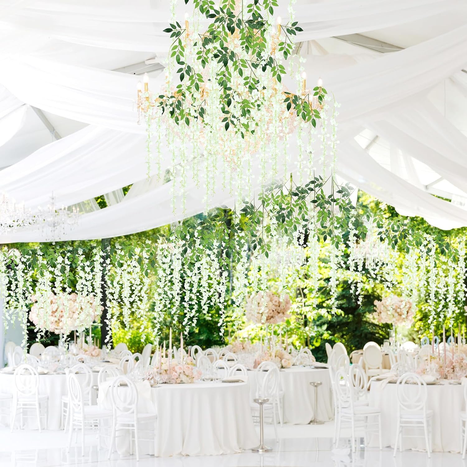 24 Pack Wisteria Hanging Flowers, 3.6 Feet Wisteria Flowers Hanging Garland, Silk Artificial Wisteria Flower Vine String For Wedding Party Home Office Wall Decor (White)
