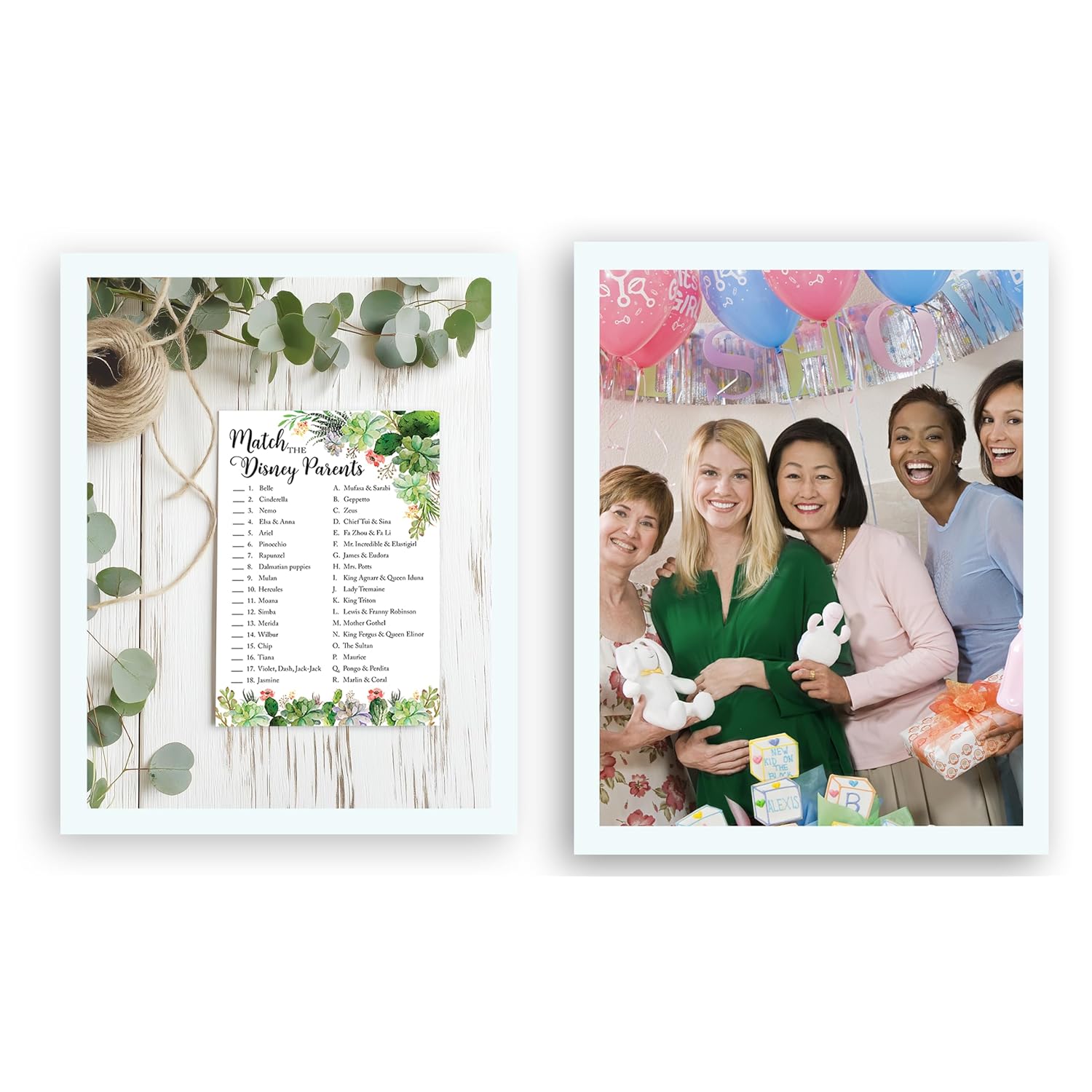 Succulents Baby Shower Theme — Cartoon Parent Match Baby Shower Game — Pack Of 25 — Greenery Gender Neutral Shower Activity, Fun Match The Famous Parents, Co-Ed Couples Shower, Gender Reveal Party G300-Dpm