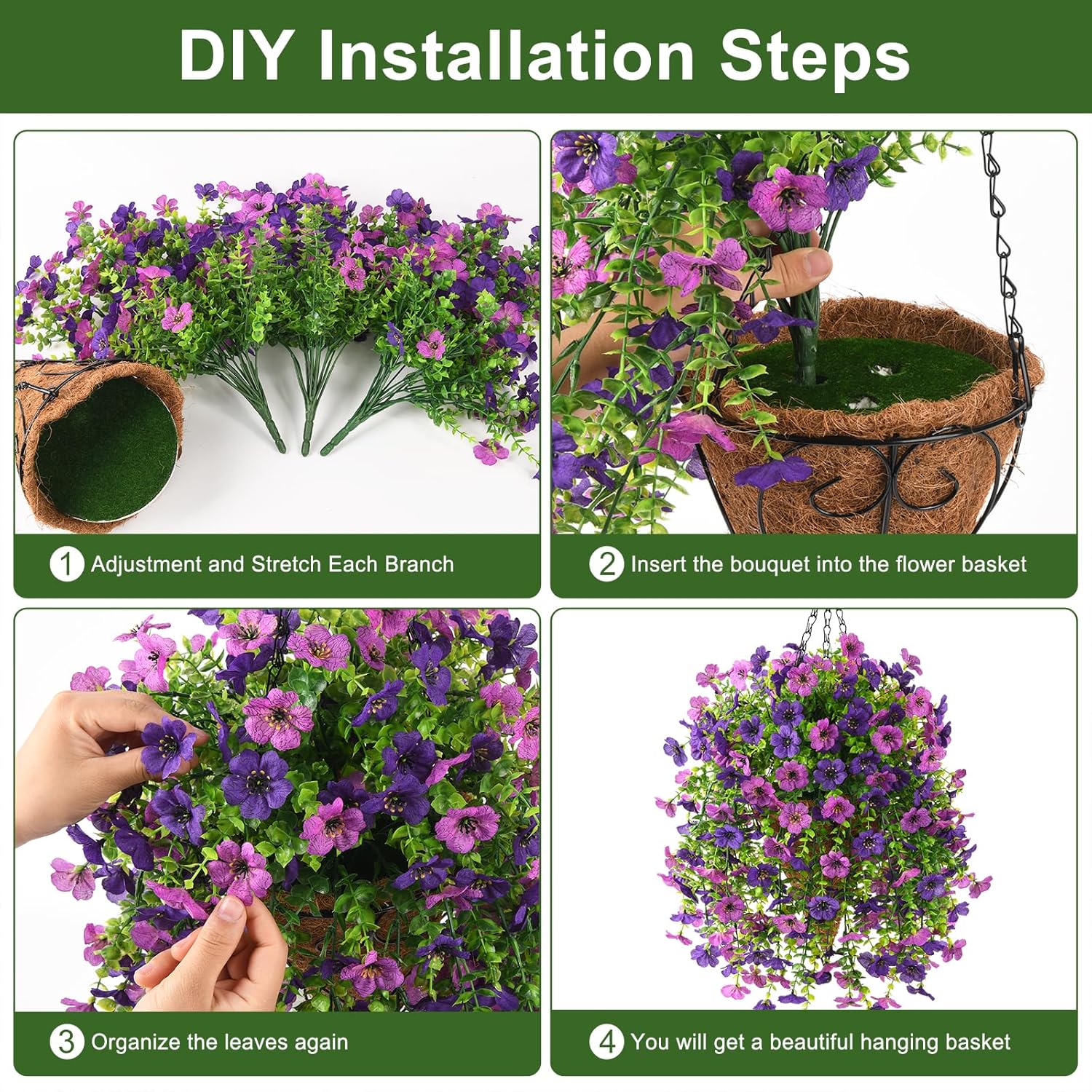 Artificial Hanging Flowers With Basket For Spring Outdoor Decoration 3 Bunches Of Silk Daisy Flower Uv Resistant For Garden Porch Patio Balcony Yard Decor (Purple1)