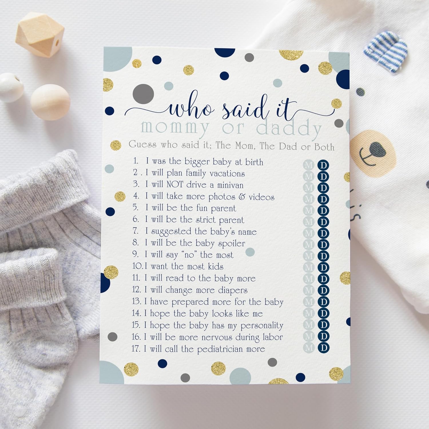 Little Star Baby Shower Games For Boys - 25 Guess Who Mommy Or Daddy Game Cards - Fun Guessing Activities For Guests - Prince Theme In Blue And Gold