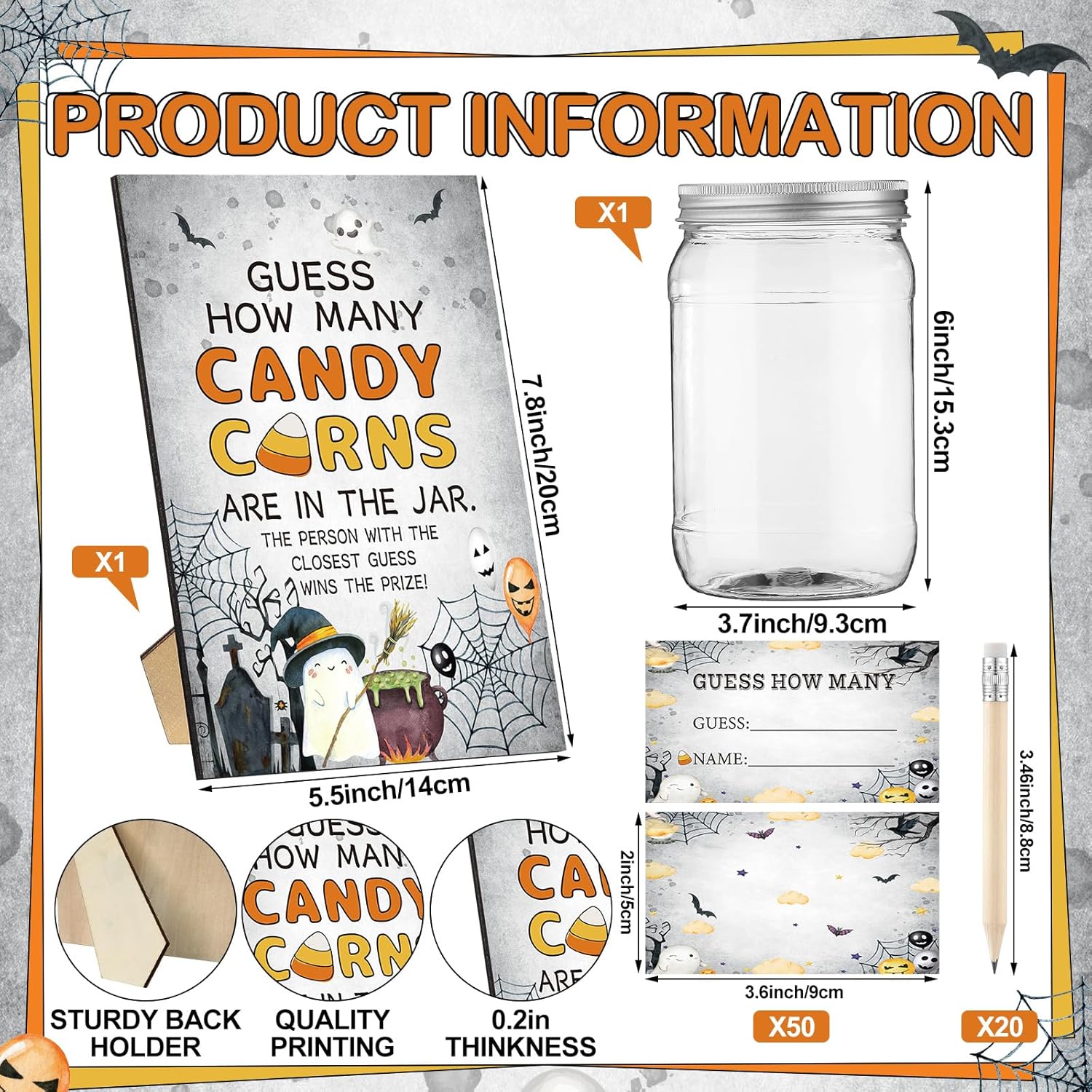 Guess How Many Candy Corns Halloween Party Game 50 Guessing Cards 20 Pencils 1 Jar 1 Standing Sign Halloween Baby Shower Party Game For Adults Guess How Many Candies Are In The Jar
