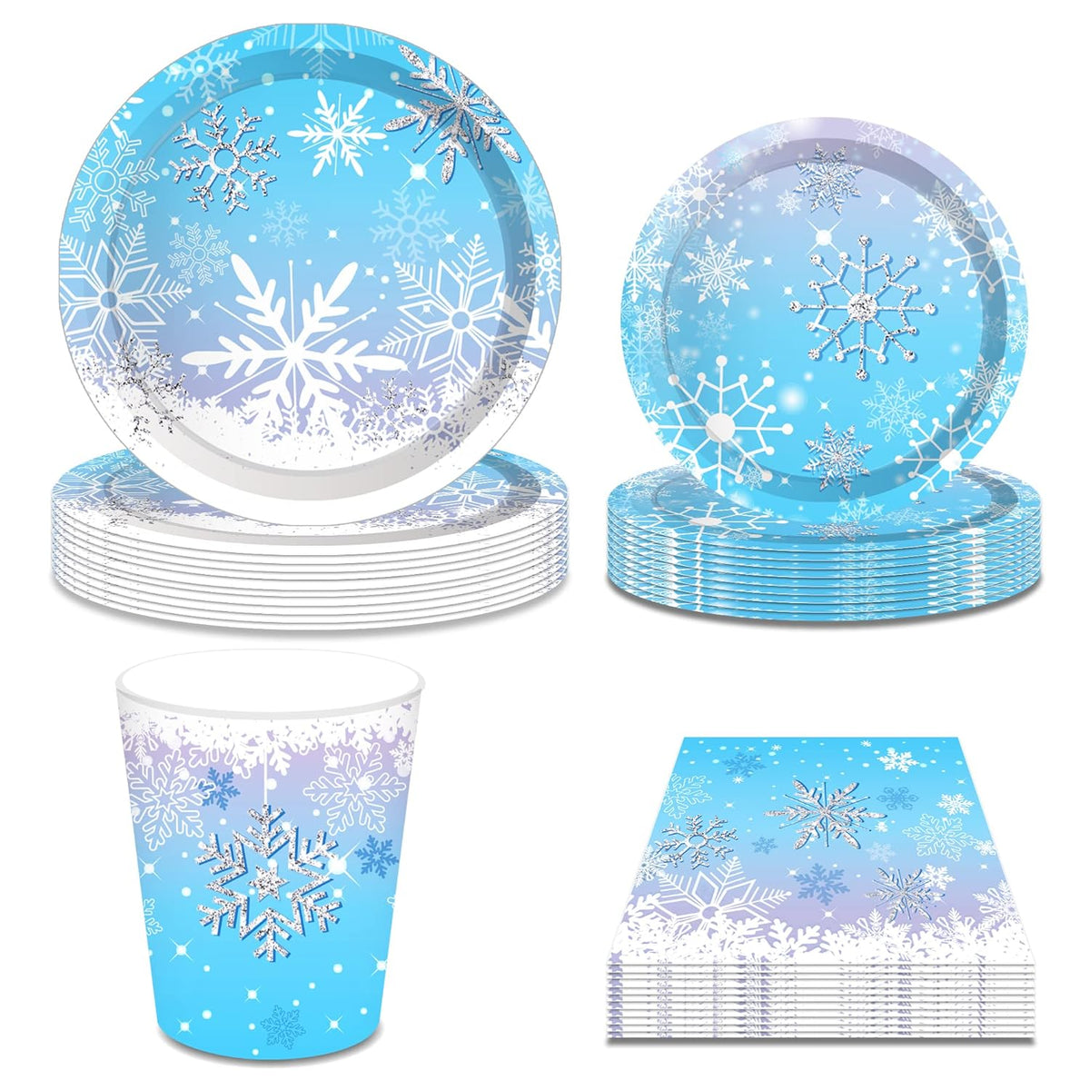 Snowflake Party Decorations,Winter,Christmas Include Blue Snow Party Plates, Dessert Plates,Cups, Napkins (88Pcs )