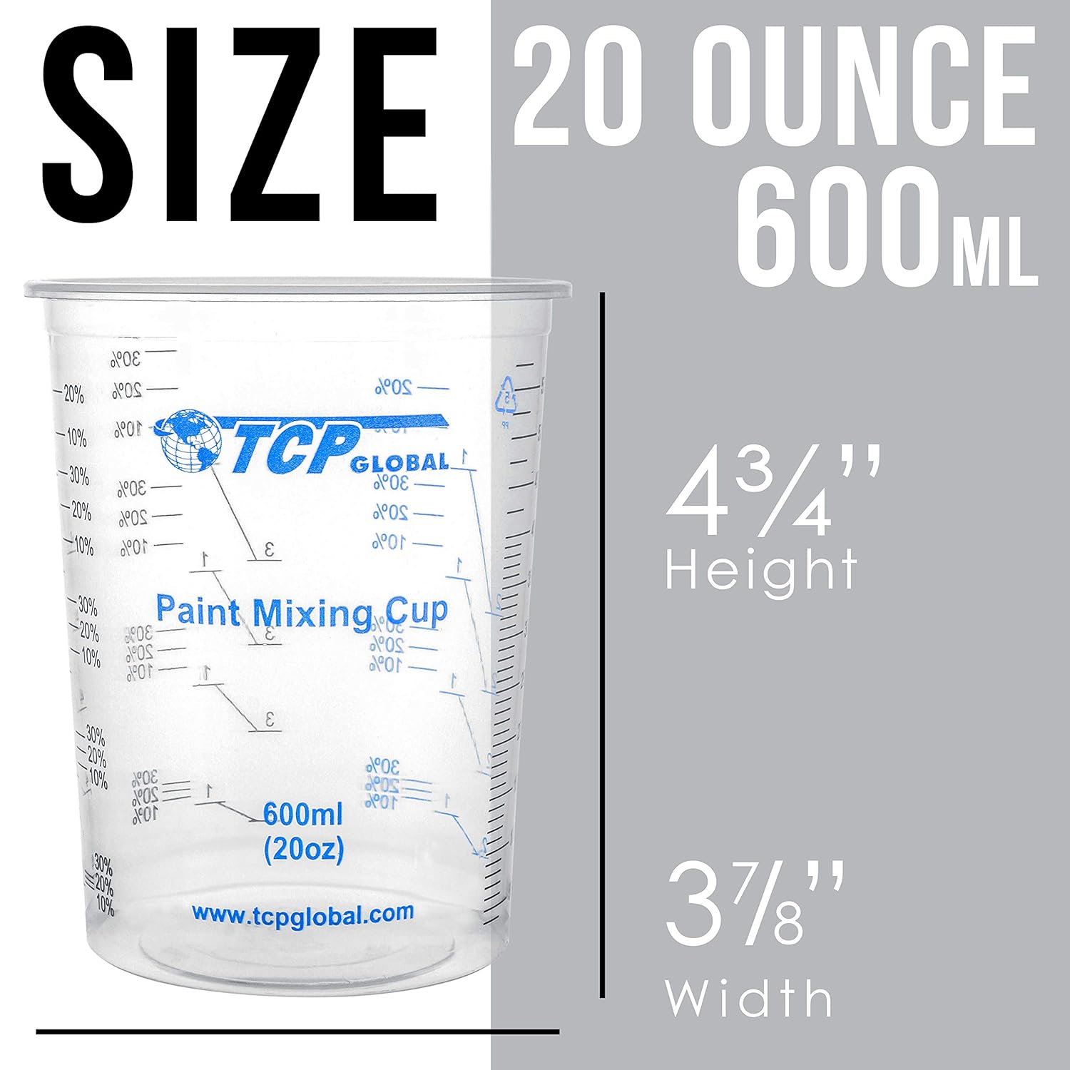 TCP Global 20 oz. (600ml) Graduated Plastic Mixing Cups - Box of 100 with 50 Mixing Sticks - Disposable Plastic Measuring Cups for Liquids, Paints, Resin, Epoxy, Art, Kitchen - Ratios 2-1, 3-1, 4-1 ML